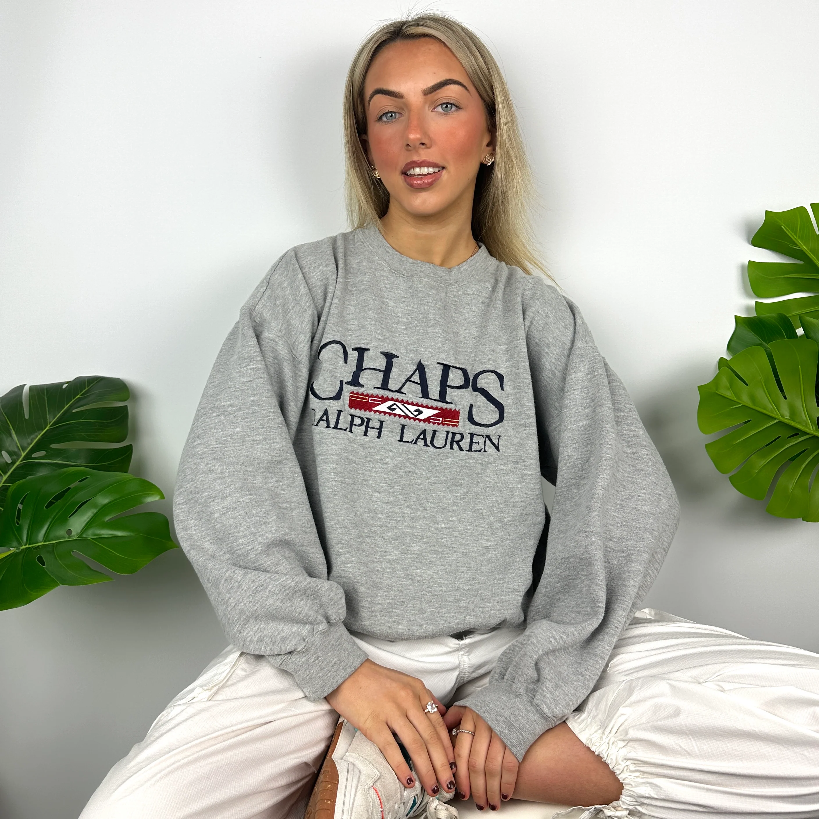 Chaps Ralph Lauren Grey Embroidered Spell Out Sweatshirt (M) - Image 8
