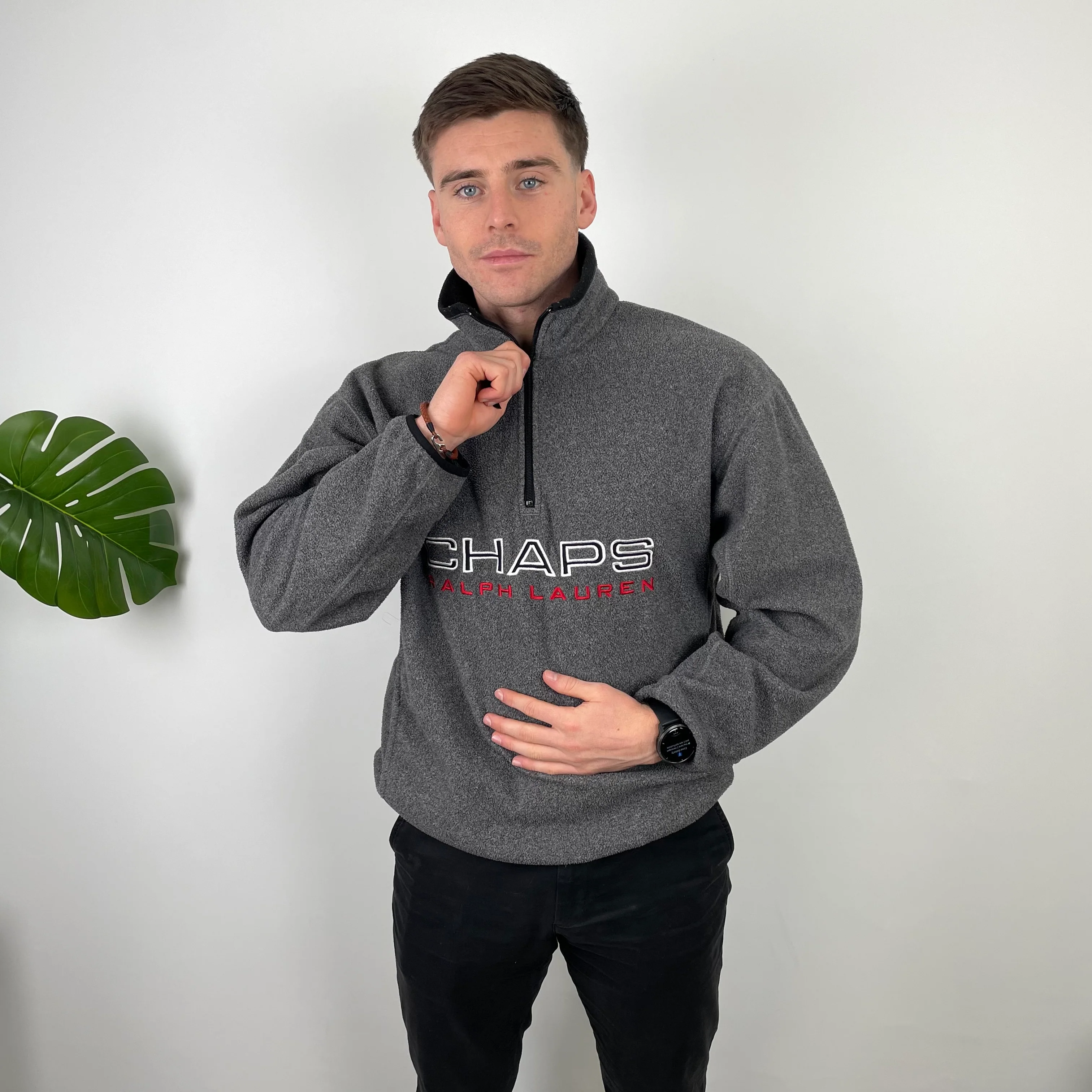 Chaps Ralph Lauren Grey Embroidered Spell Out Teddy Bear Fleece Quarter Zip Sweatshirt (L)