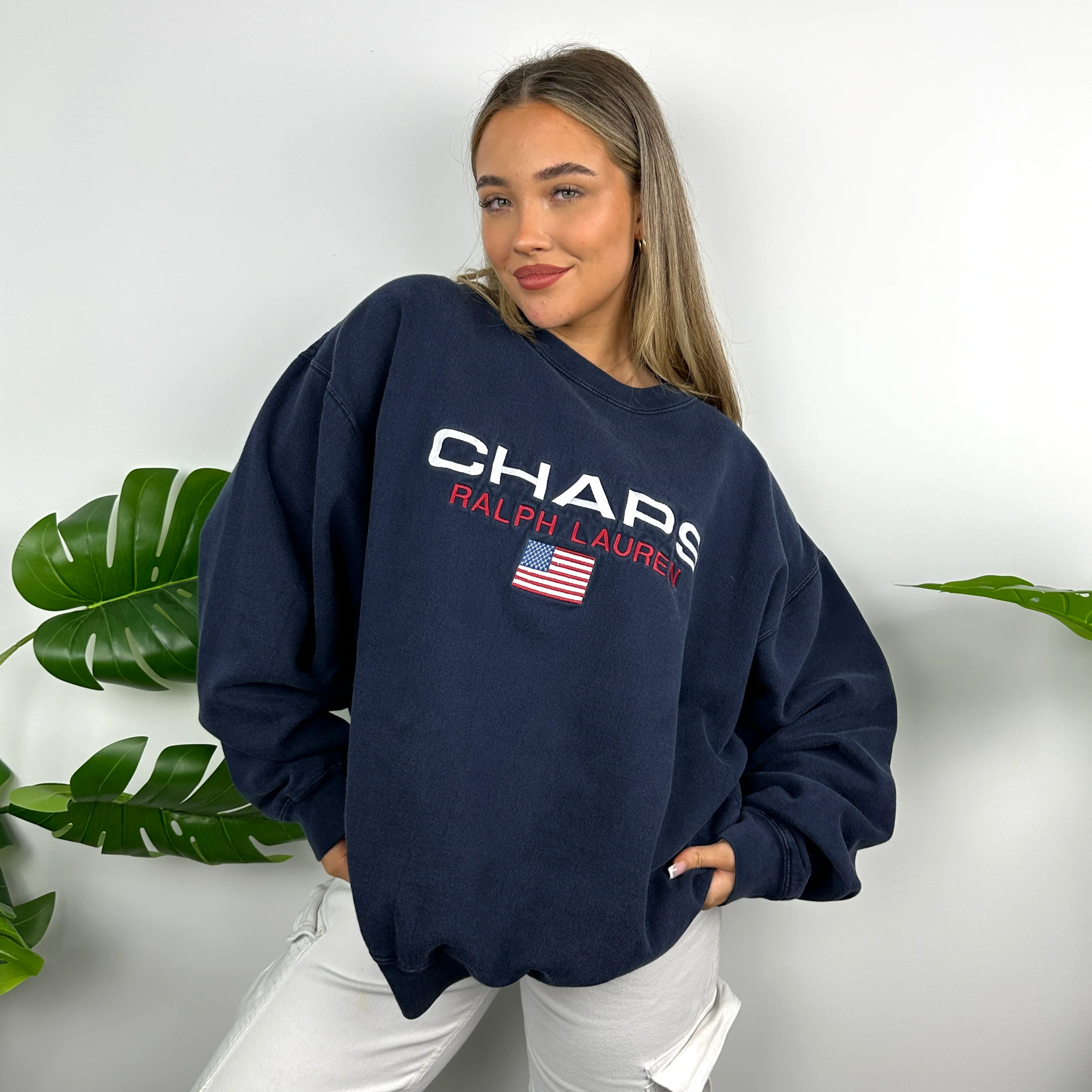 Chaps Ralph Lauren Navy Embroidered Spell Out Sweatshirt (XXL) - Image 2