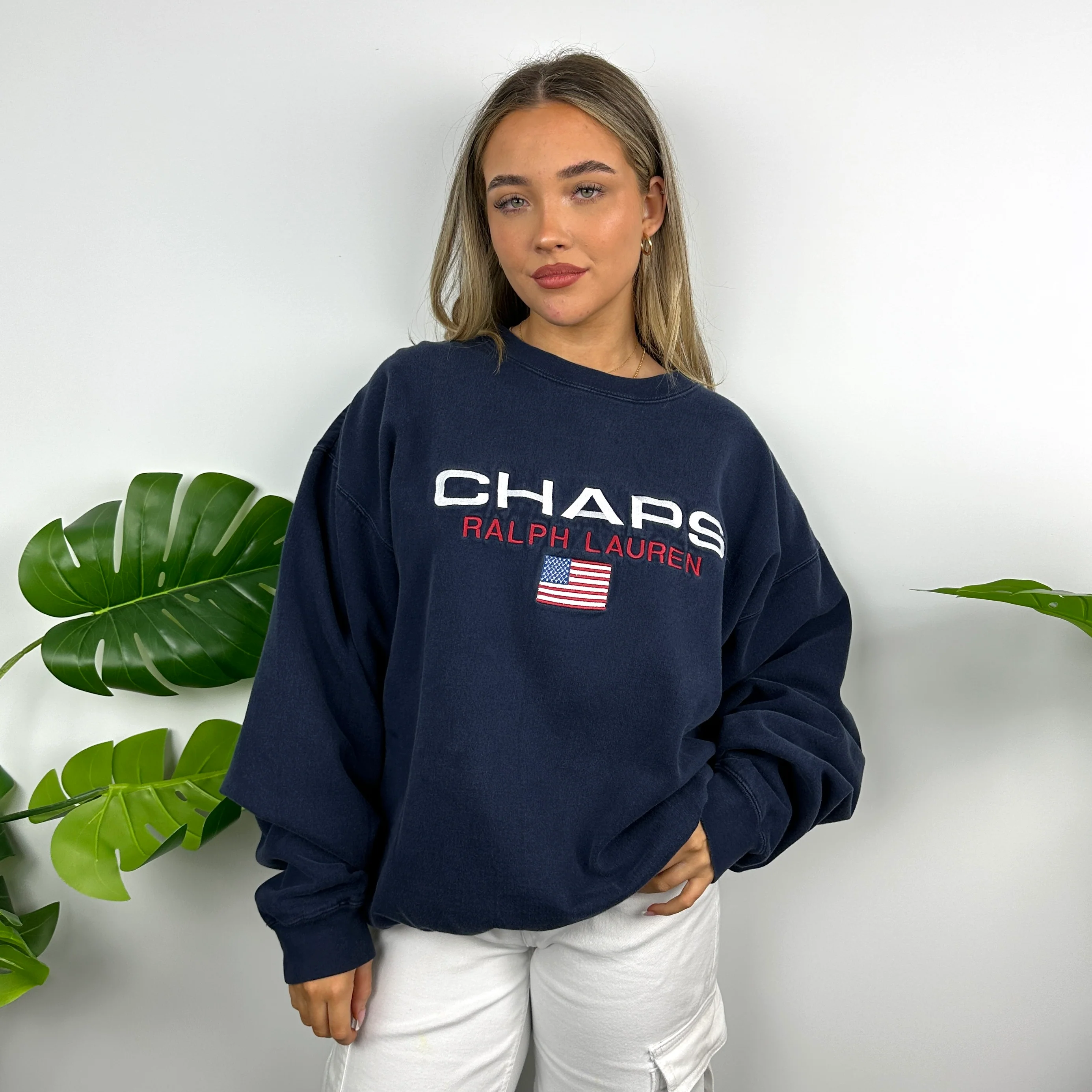 Chaps Ralph Lauren Navy Embroidered Spell Out Sweatshirt (XXL) - Image 3