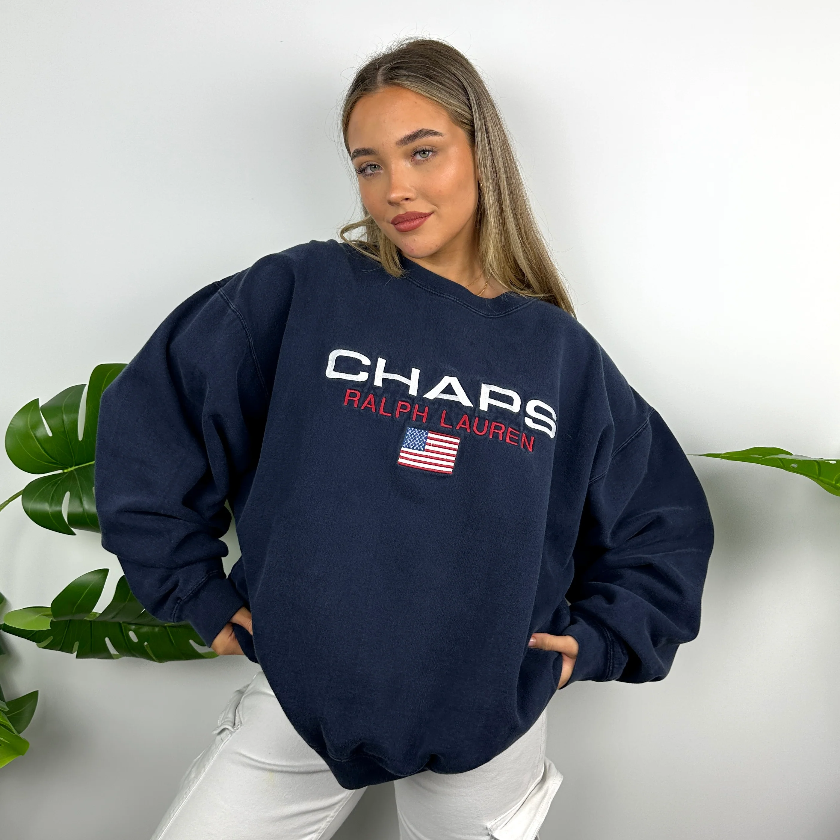 Chaps Ralph Lauren Navy Embroidered Spell Out Sweatshirt (XXL) - Image 4