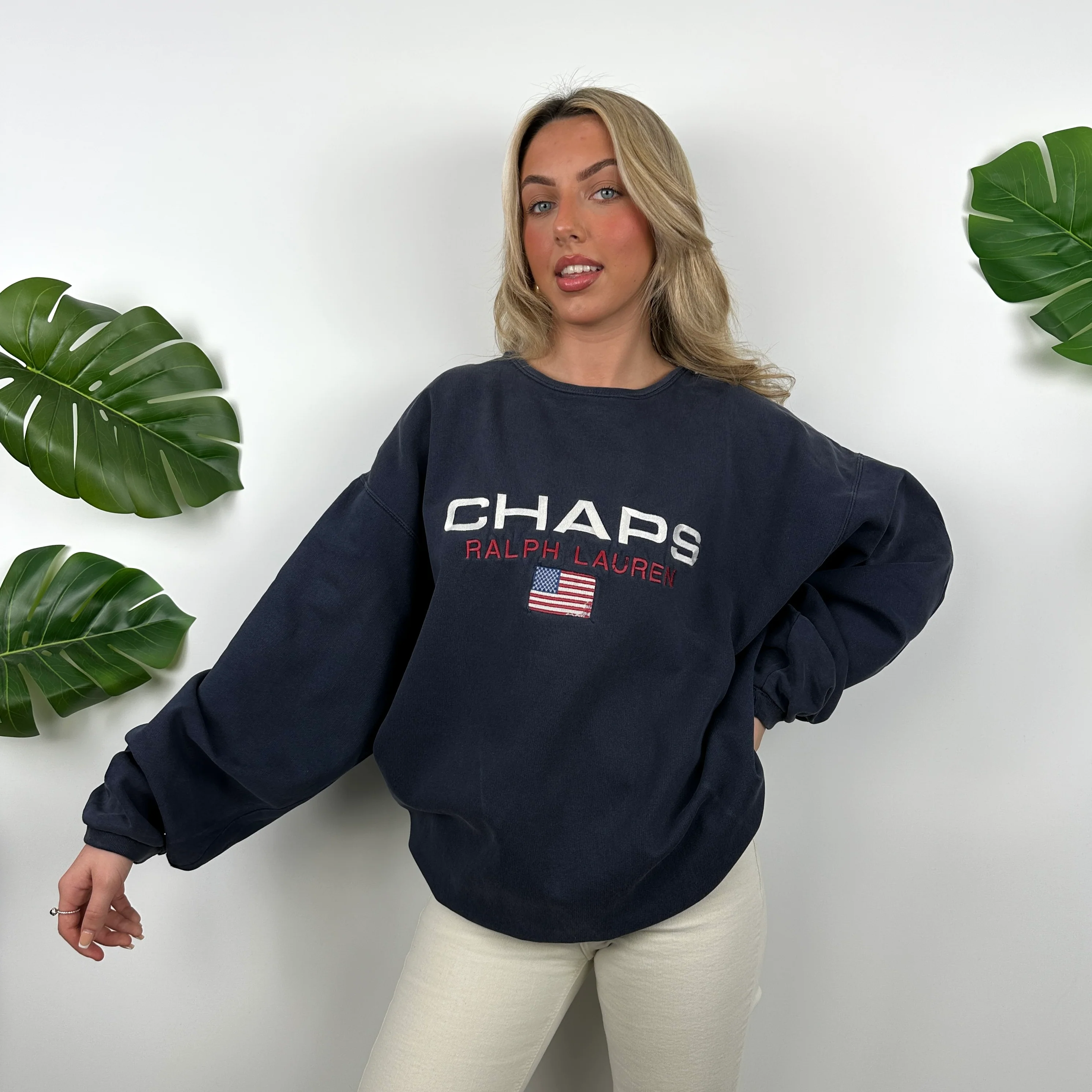 Chaps Ralph Lauren Navy Embroidered Spell Out Sweatshirt (XL) - Image 2