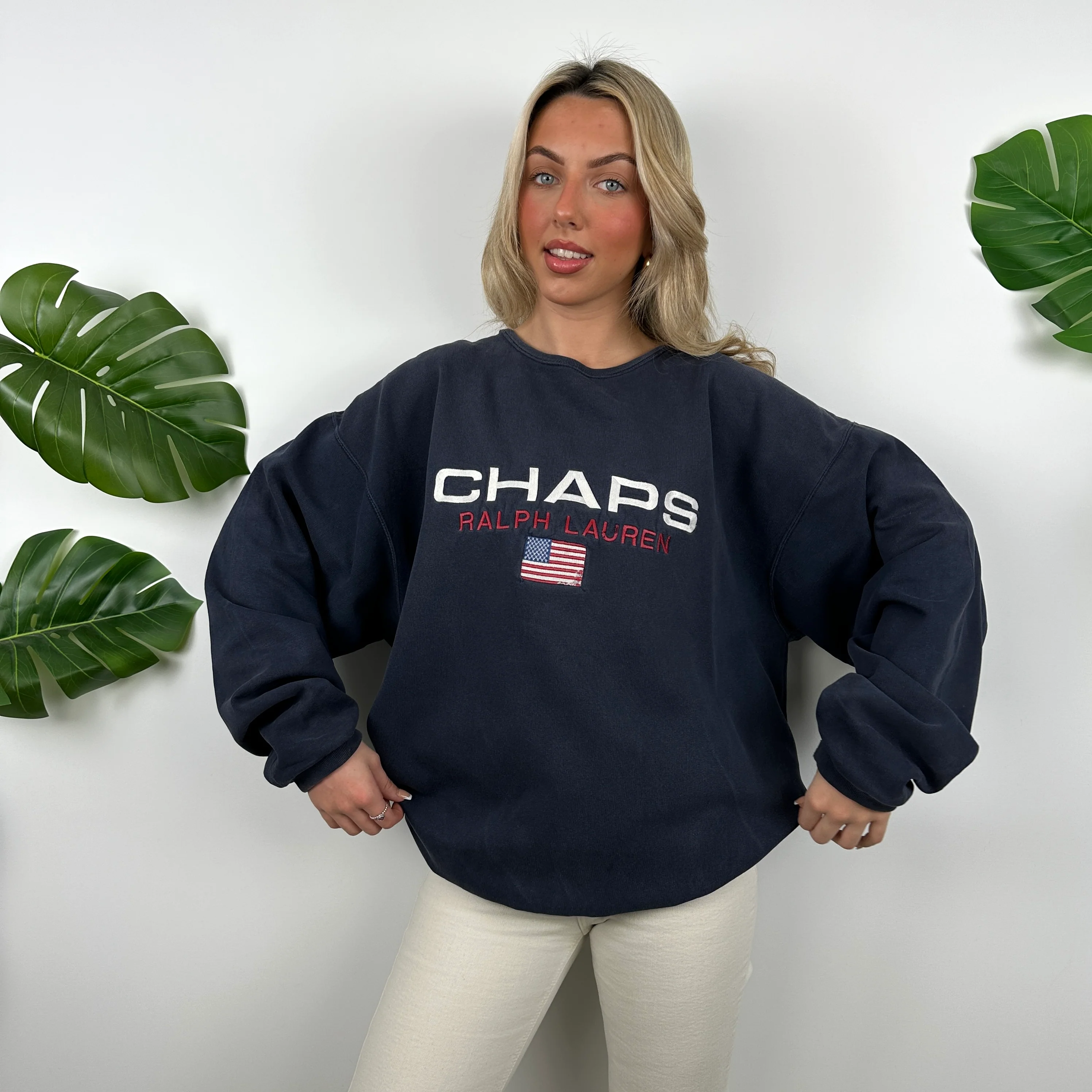 Chaps Ralph Lauren Navy Embroidered Spell Out Sweatshirt (XL) - Image 3