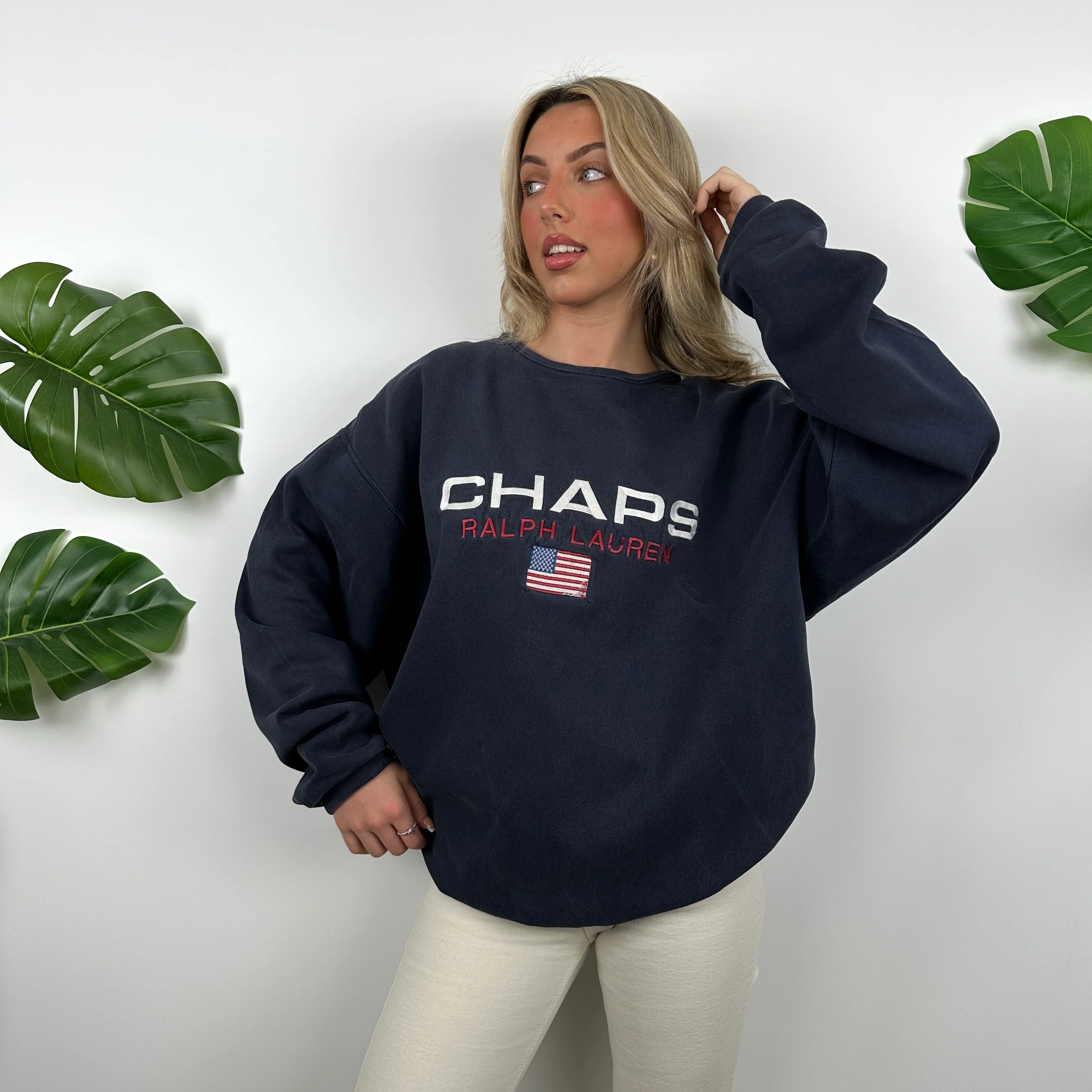 Chaps Ralph Lauren Navy Embroidered Spell Out Sweatshirt (XL) - Image 5