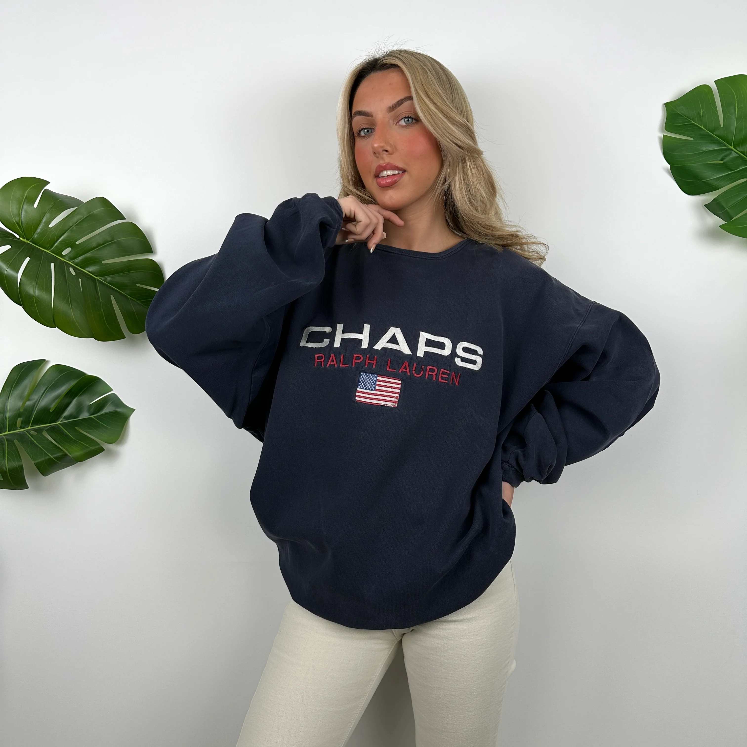 Chaps Ralph Lauren Navy Embroidered Spell Out Sweatshirt (XL) - Image 7