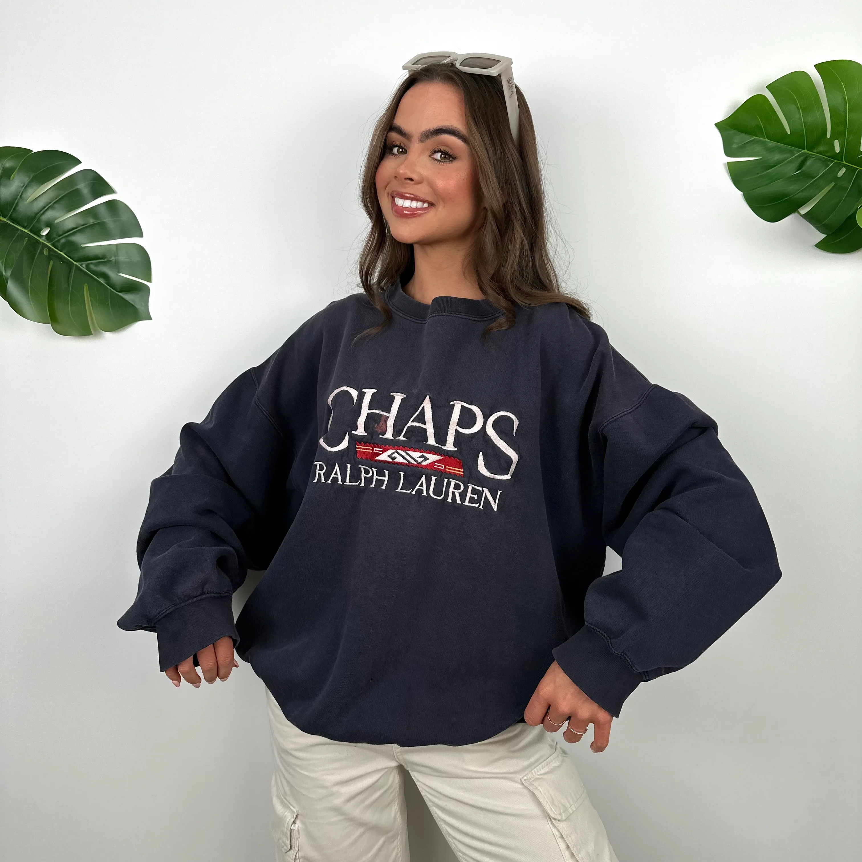 Chaps Ralph Lauren Navy Embroidered Spell Out Sweatshirt (XL) - Image 5