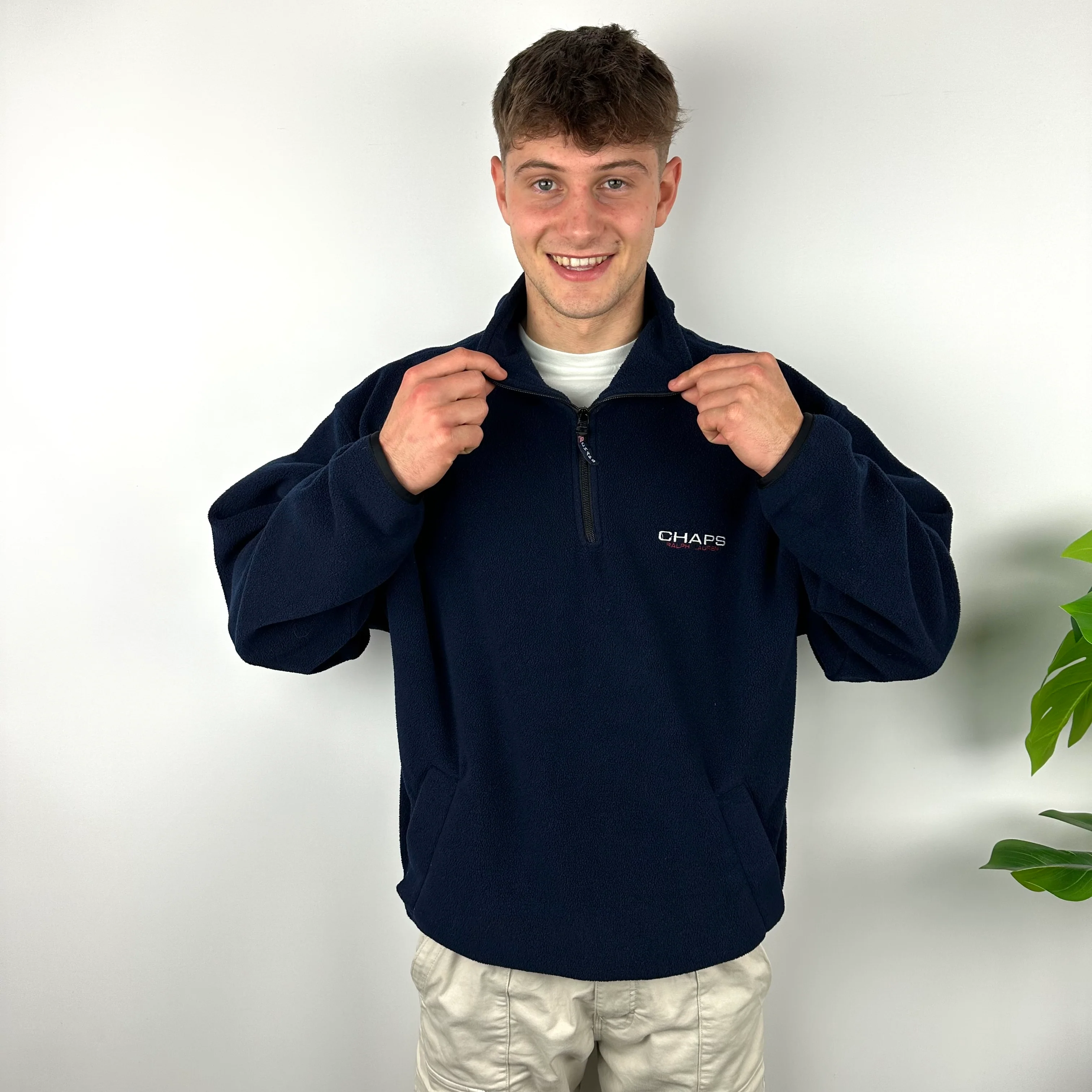Chaps Ralph Lauren Navy Embroidered Spell Out Teddy Bear Fleece Quarter Zip Sweatshirt (XL) - Image 2