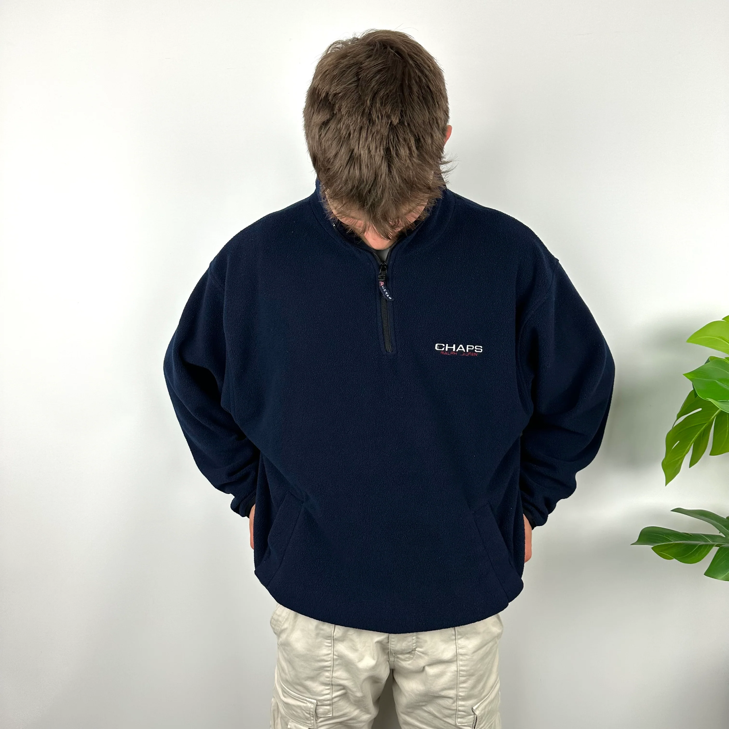 Chaps Ralph Lauren Navy Embroidered Spell Out Teddy Bear Fleece Quarter Zip Sweatshirt (XL) - Image 3