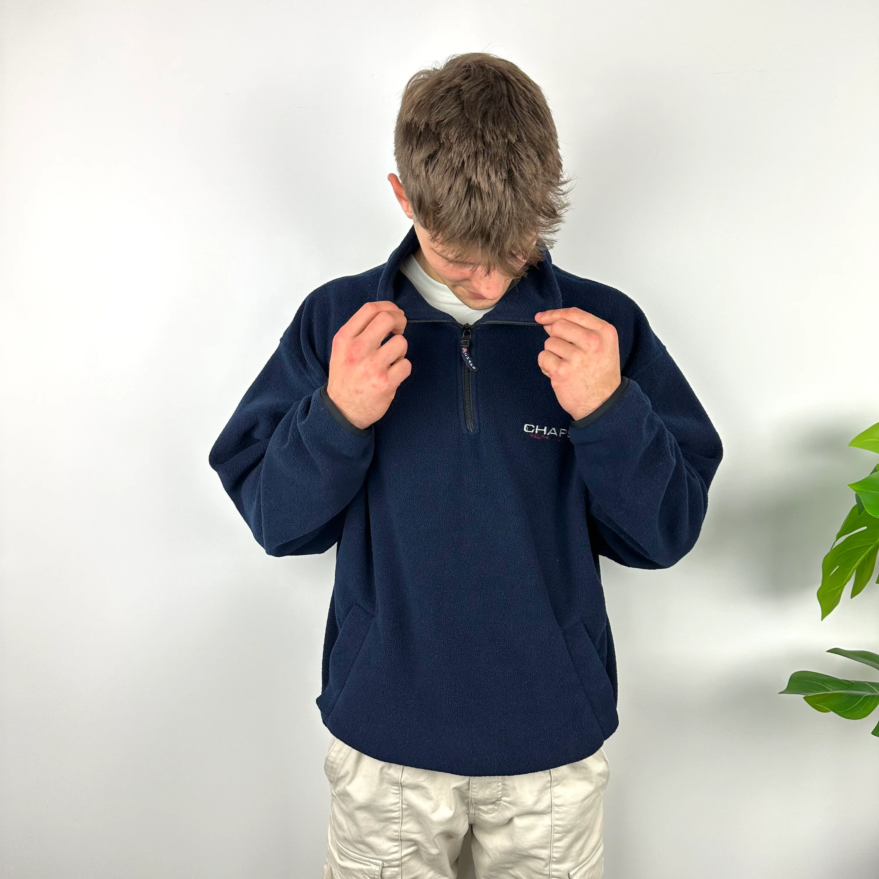 Chaps Ralph Lauren Navy Embroidered Spell Out Teddy Bear Fleece Quarter Zip Sweatshirt (XL) - Image 6
