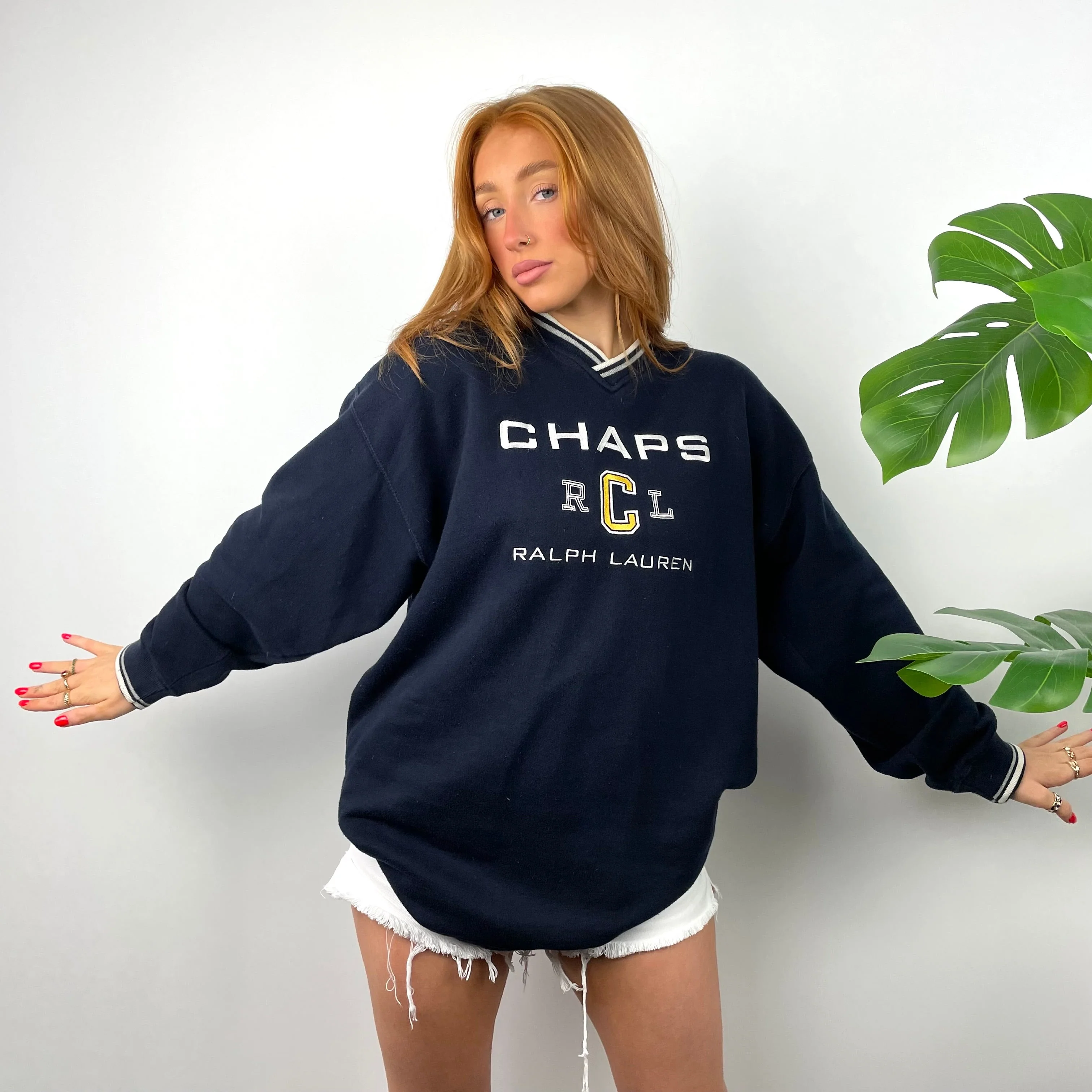 Chaps Ralph Lauren RARE Navy Embroidered Spell Out Sweatshirt (L) - Image 3