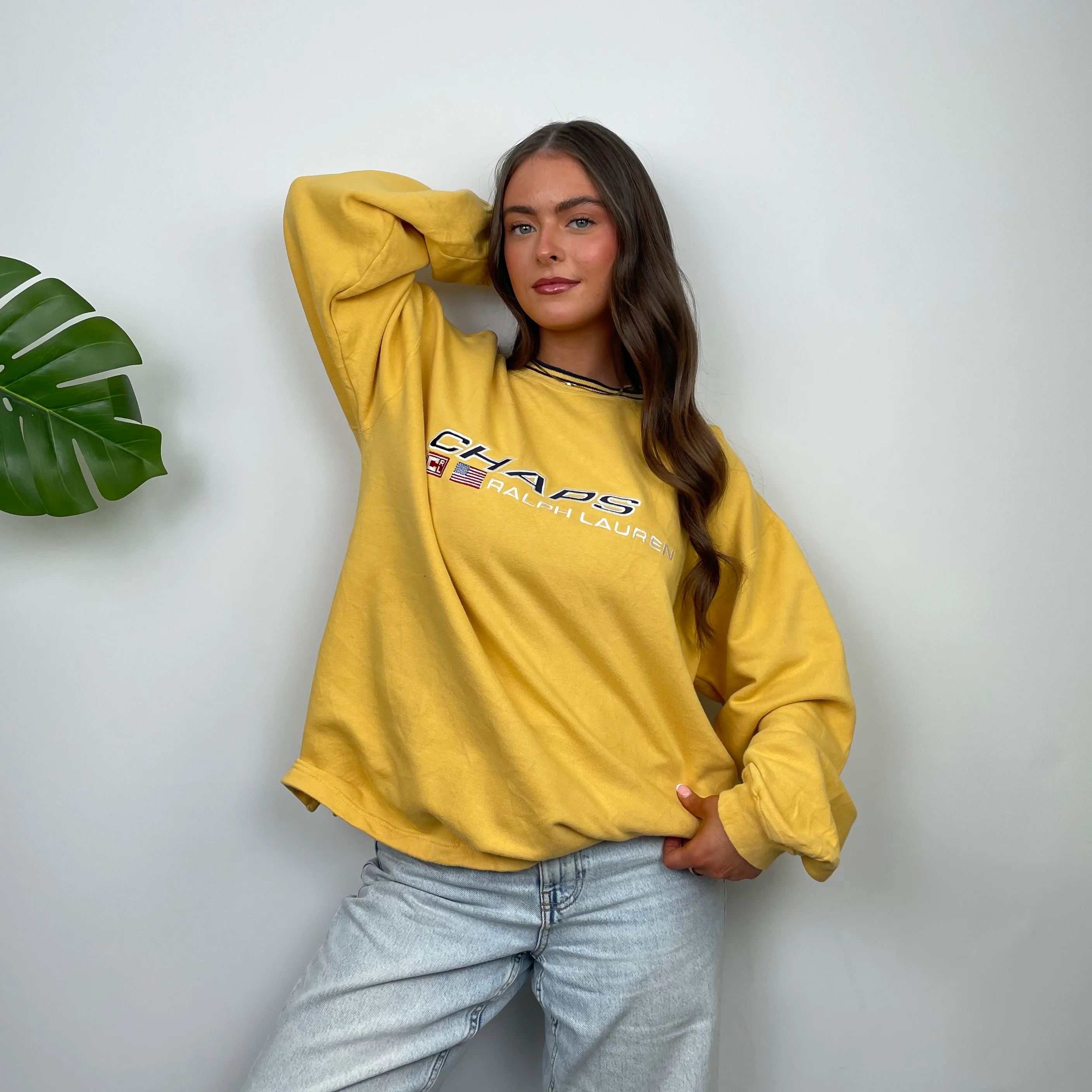 Chaps Ralph Lauren RARE Yellow Embroidered Spell Out Sweatshirt (L) - Image 2
