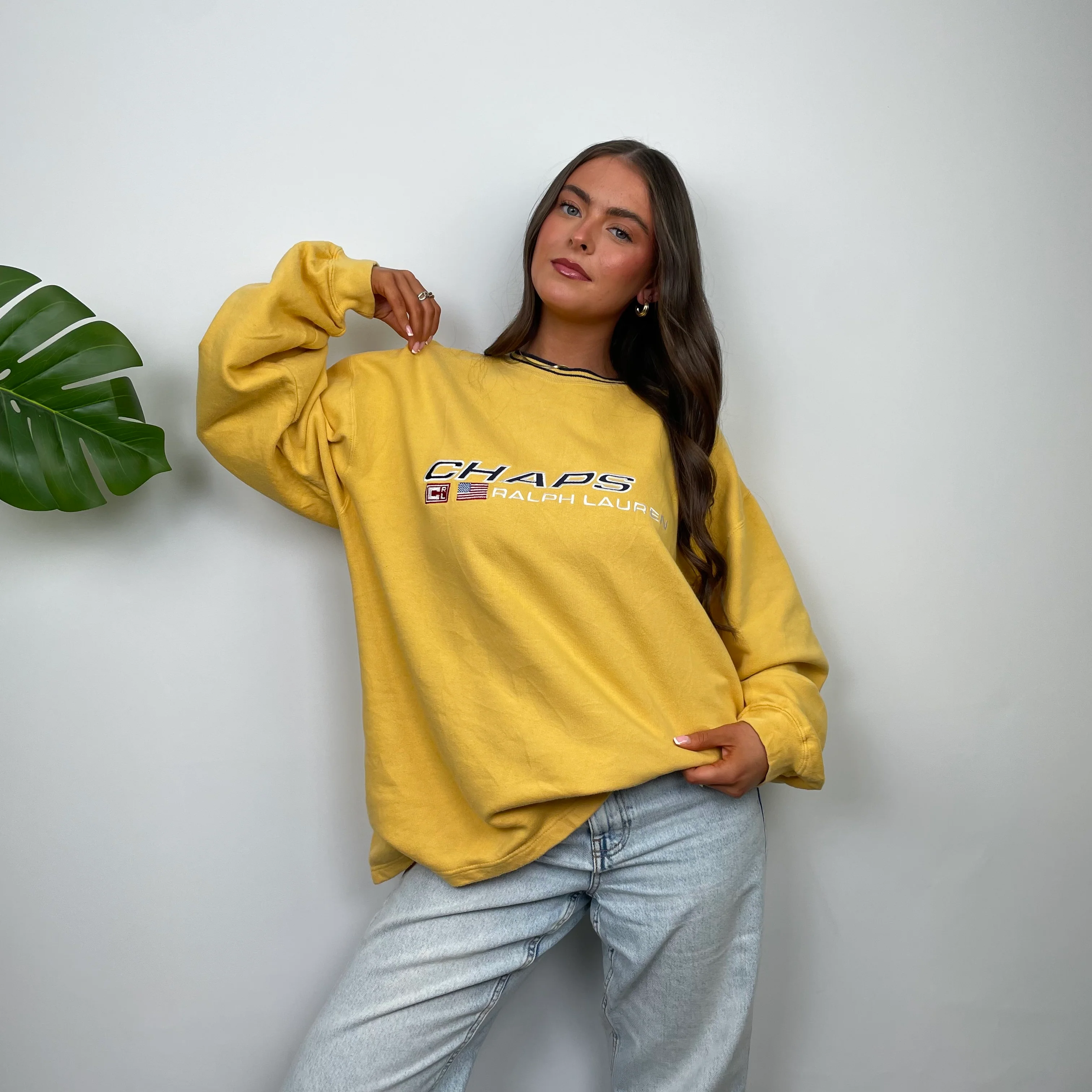 Chaps Ralph Lauren RARE Yellow Embroidered Spell Out Sweatshirt (L) - Image 3
