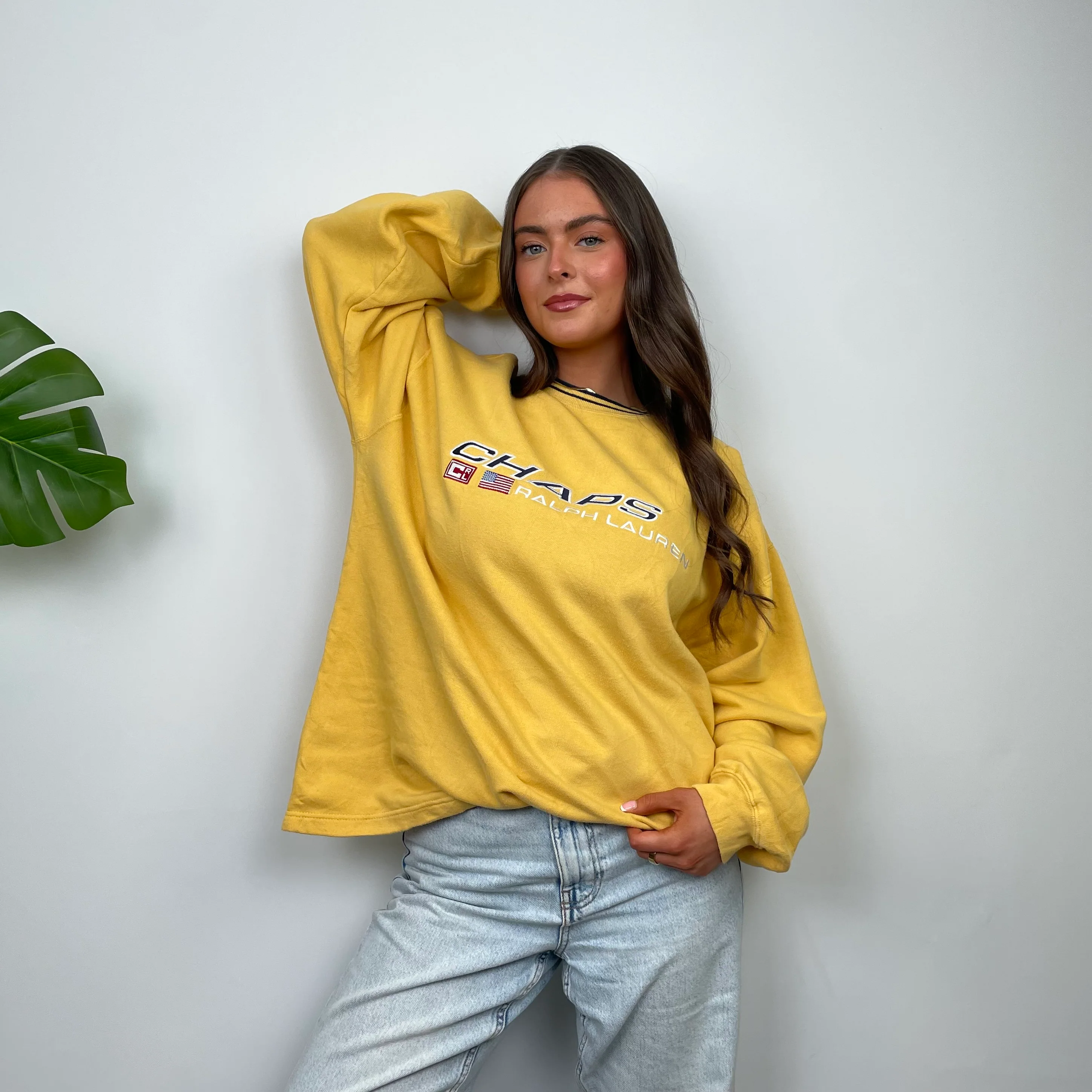 Chaps Ralph Lauren RARE Yellow Embroidered Spell Out Sweatshirt (L) - Image 4