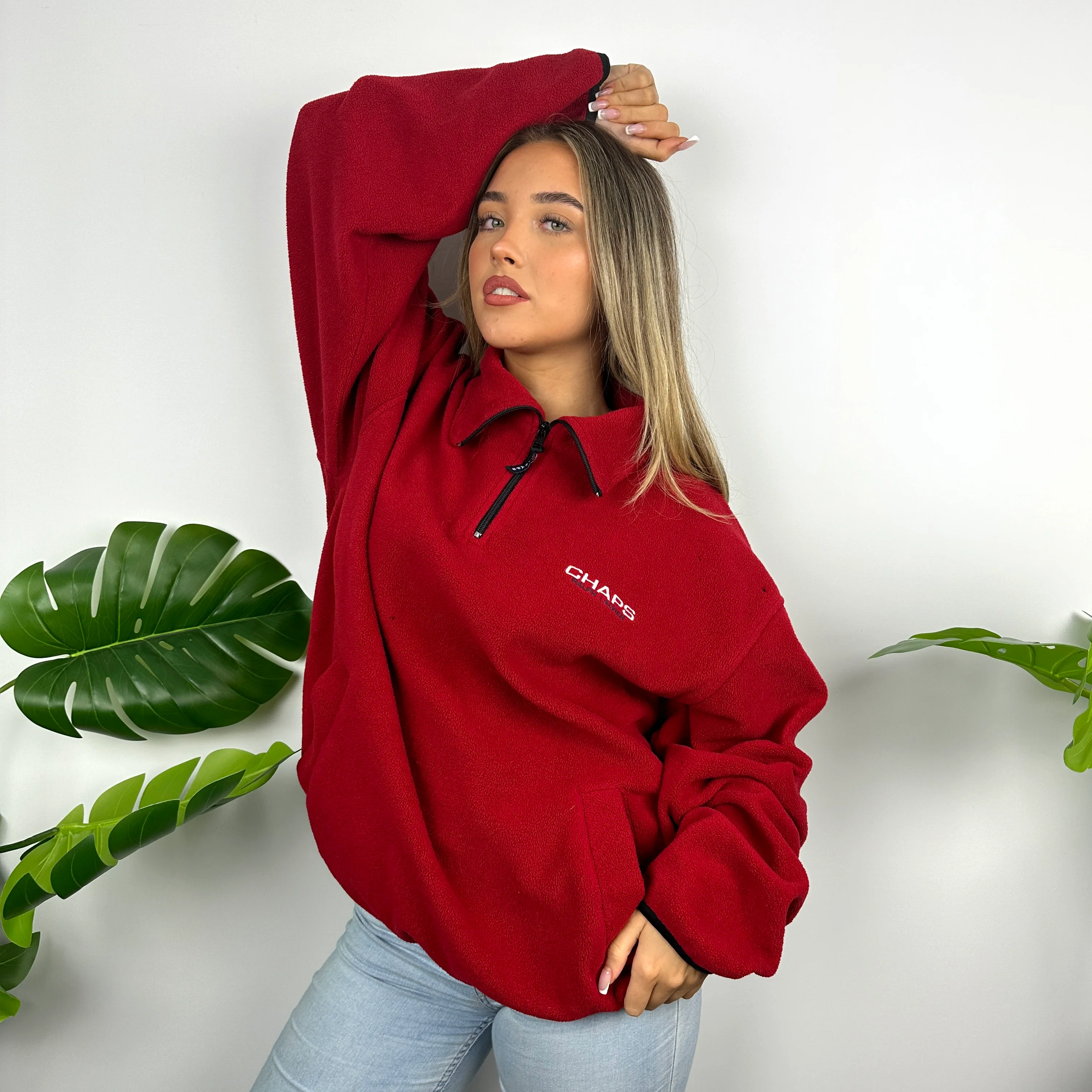 Chaps Ralph Lauren Red Embroidered Spell Out Teddy Bear Fleece Quarter Zip Sweatshirt (XL) - Image 6