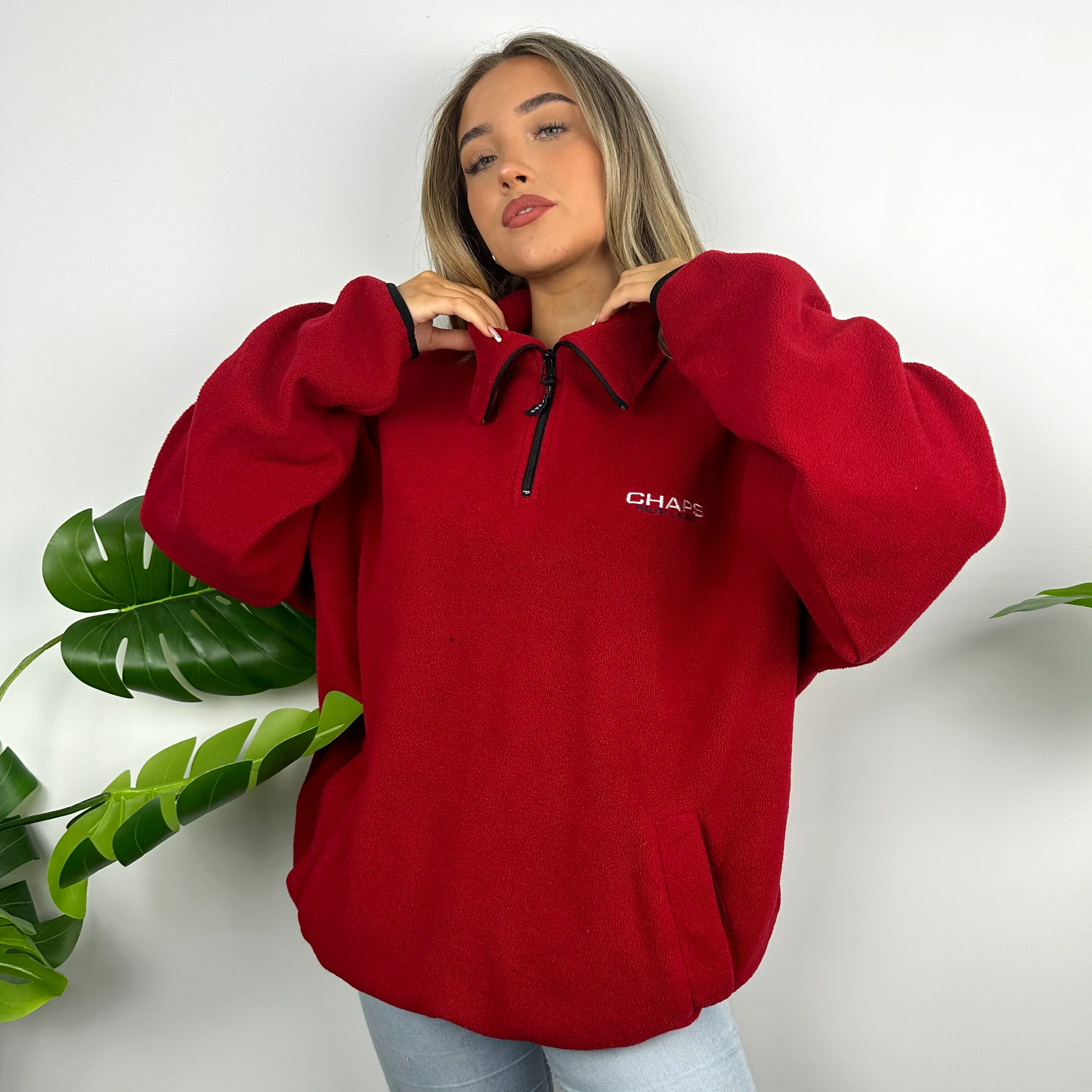 Chaps Ralph Lauren Red Embroidered Spell Out Teddy Bear Fleece Quarter Zip Sweatshirt (XL) - Image 8
