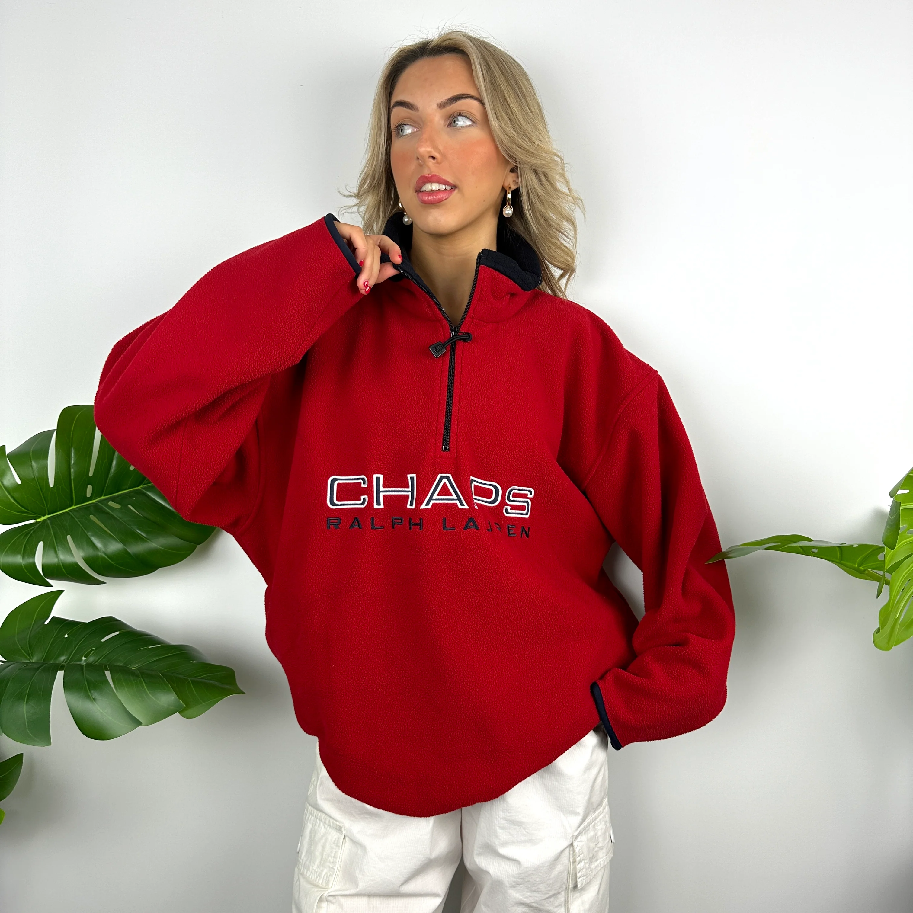Chaps Ralph Lauren Red Embroidered Spell Out Teddy Bear Fleece Quarter Zip Sweatshirt (L) - Image 6