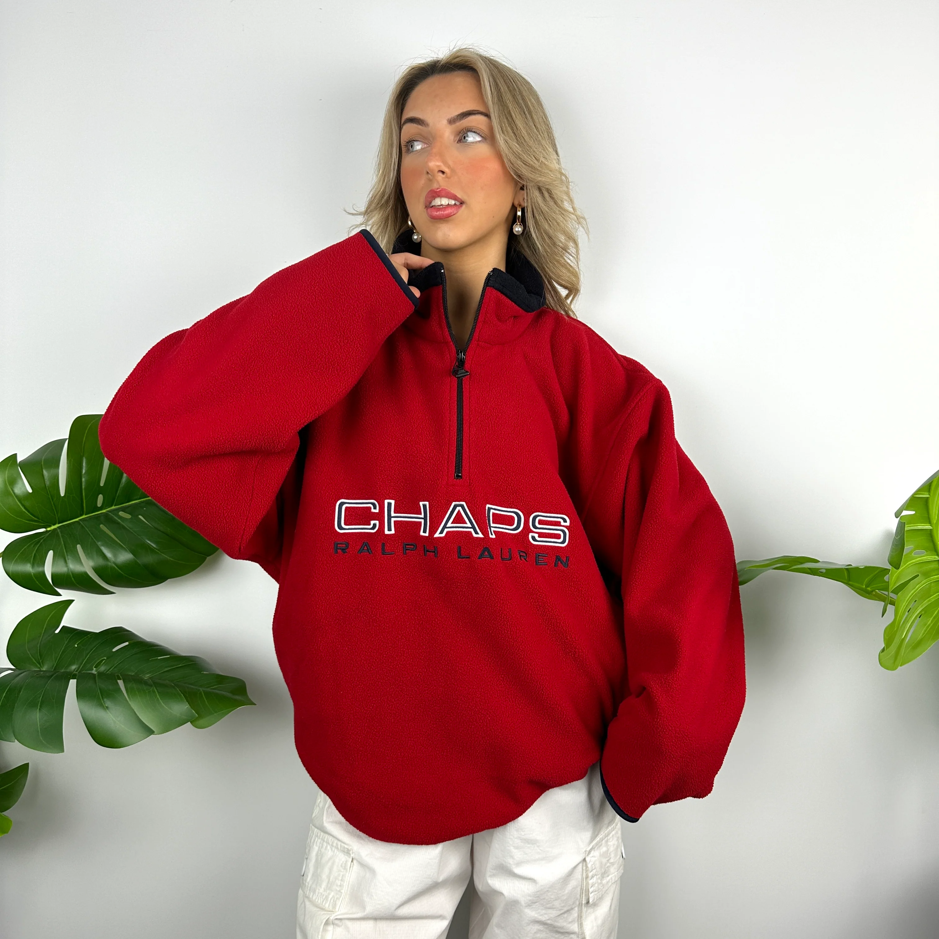 Chaps Ralph Lauren Red Embroidered Spell Out Teddy Bear Fleece Quarter Zip Sweatshirt (L) - Image 8