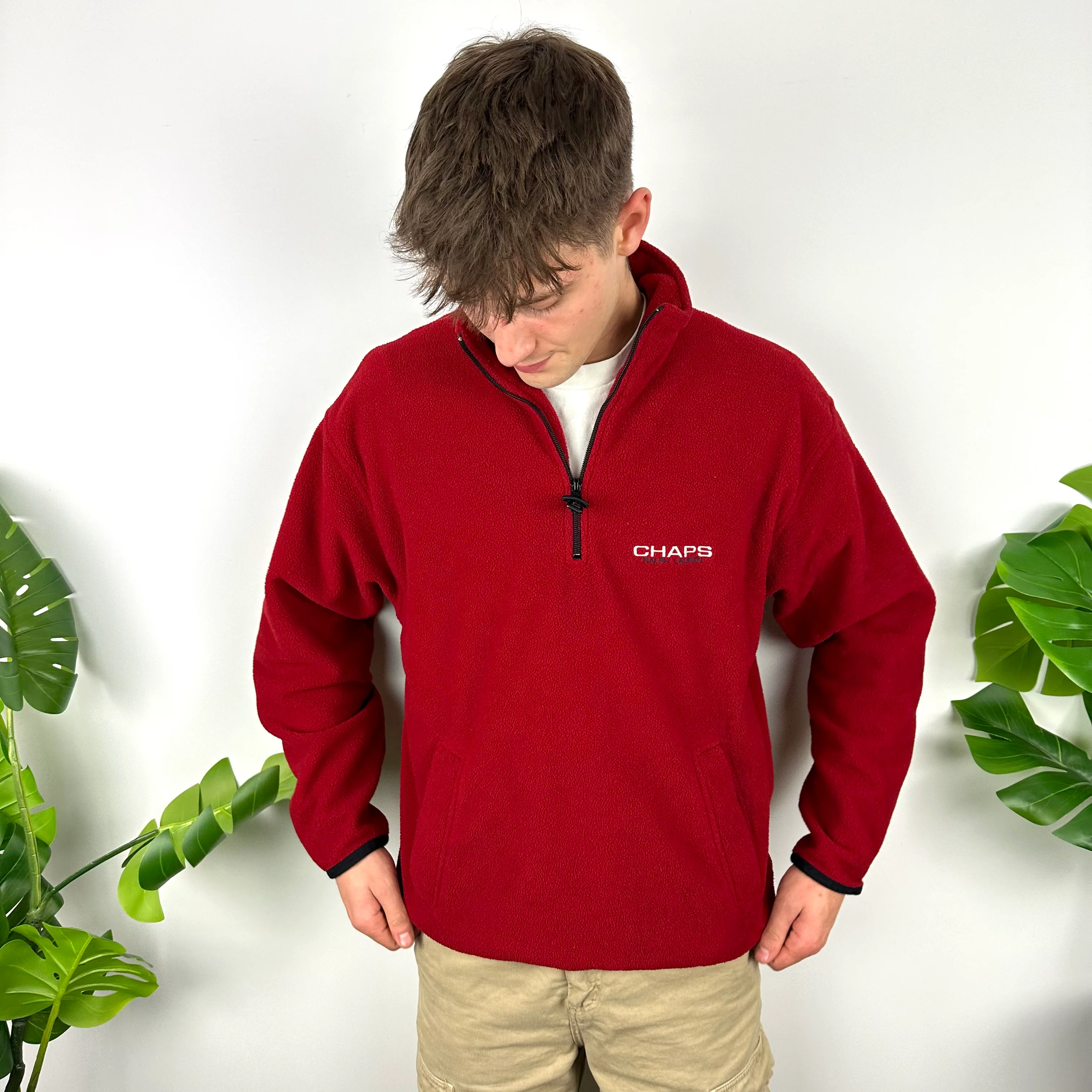 Chaps Ralph Lauren Red Embroidered Spell Out Teddy Bear Fleece Quarter Zip Sweatshirt (L) - Image 3