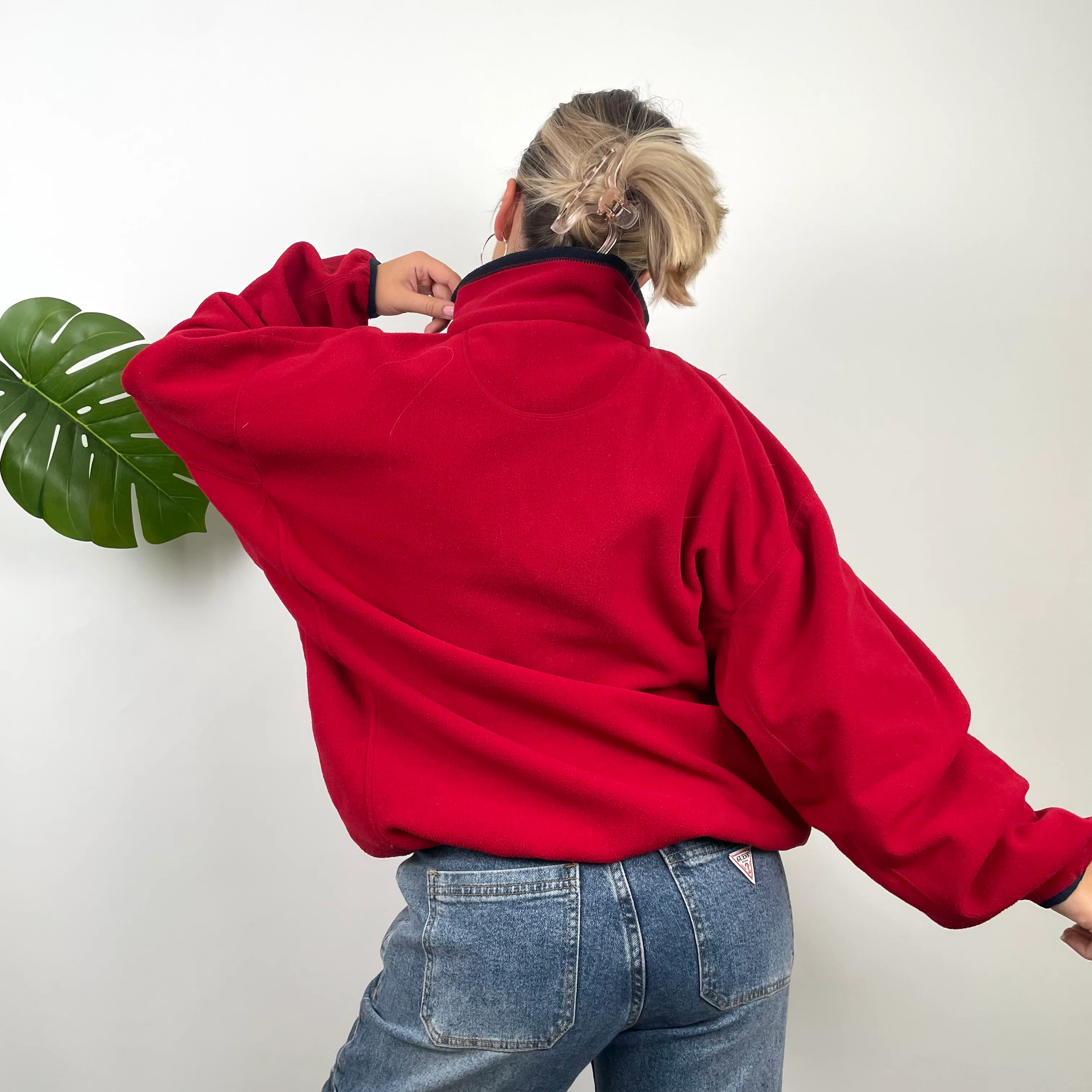 Chaps Ralph Lauren Red Embroidered Spell Out Teddy Bear Fleece Quarter Zip Sweatshirt (L) - Image 4