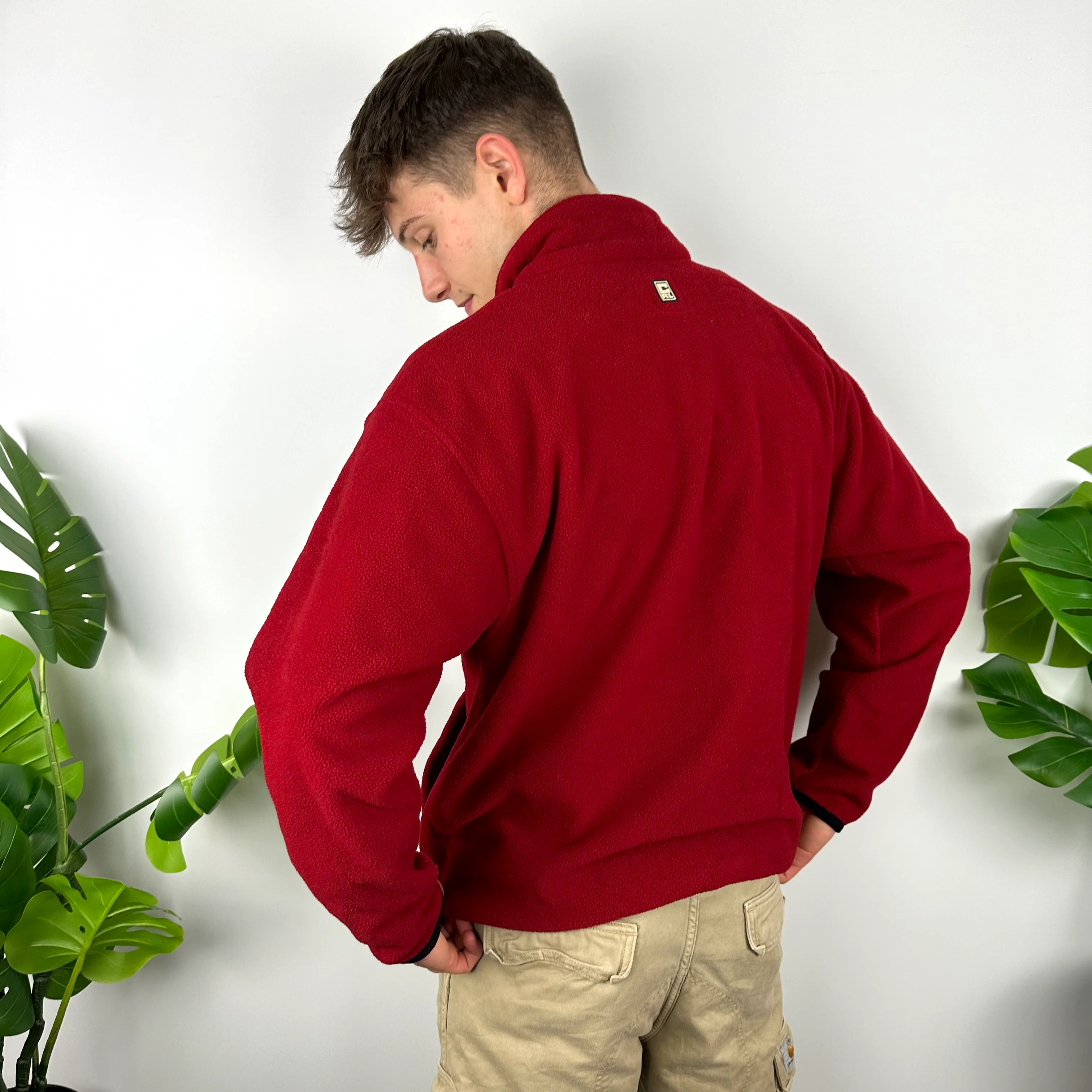 Chaps Ralph Lauren Red Embroidered Spell Out Teddy Bear Fleece Quarter Zip Sweatshirt (L) - Image 4