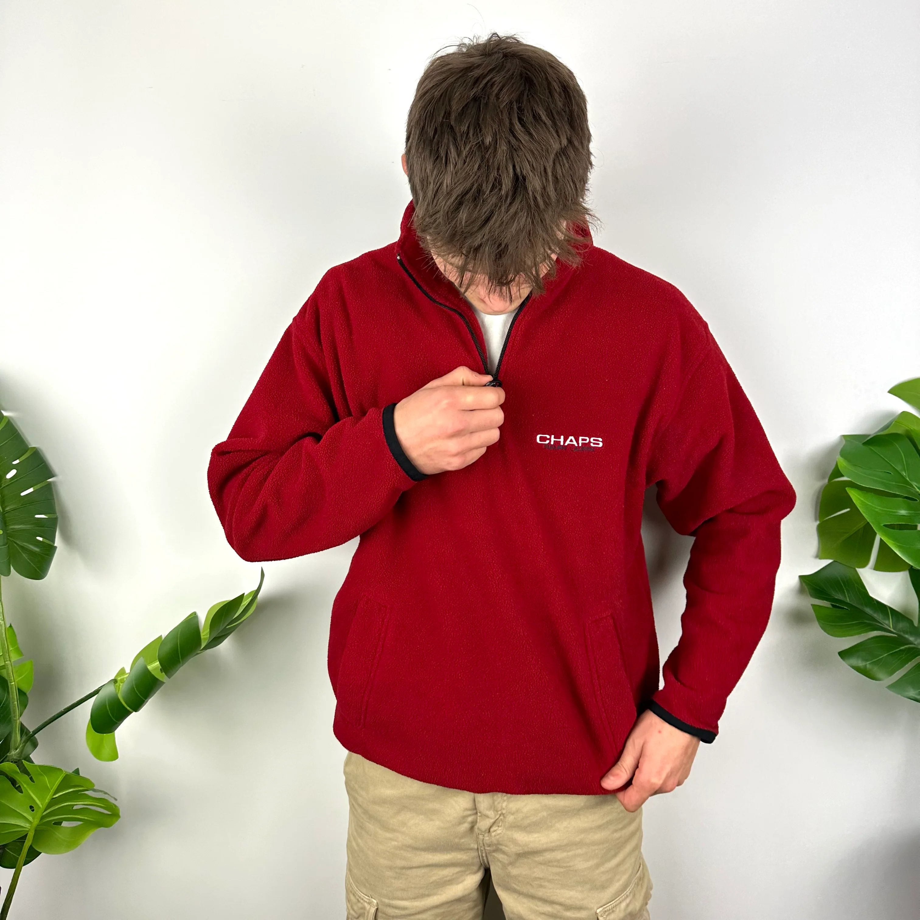 Chaps Ralph Lauren Red Embroidered Spell Out Teddy Bear Fleece Quarter Zip Sweatshirt (L) - Image 5
