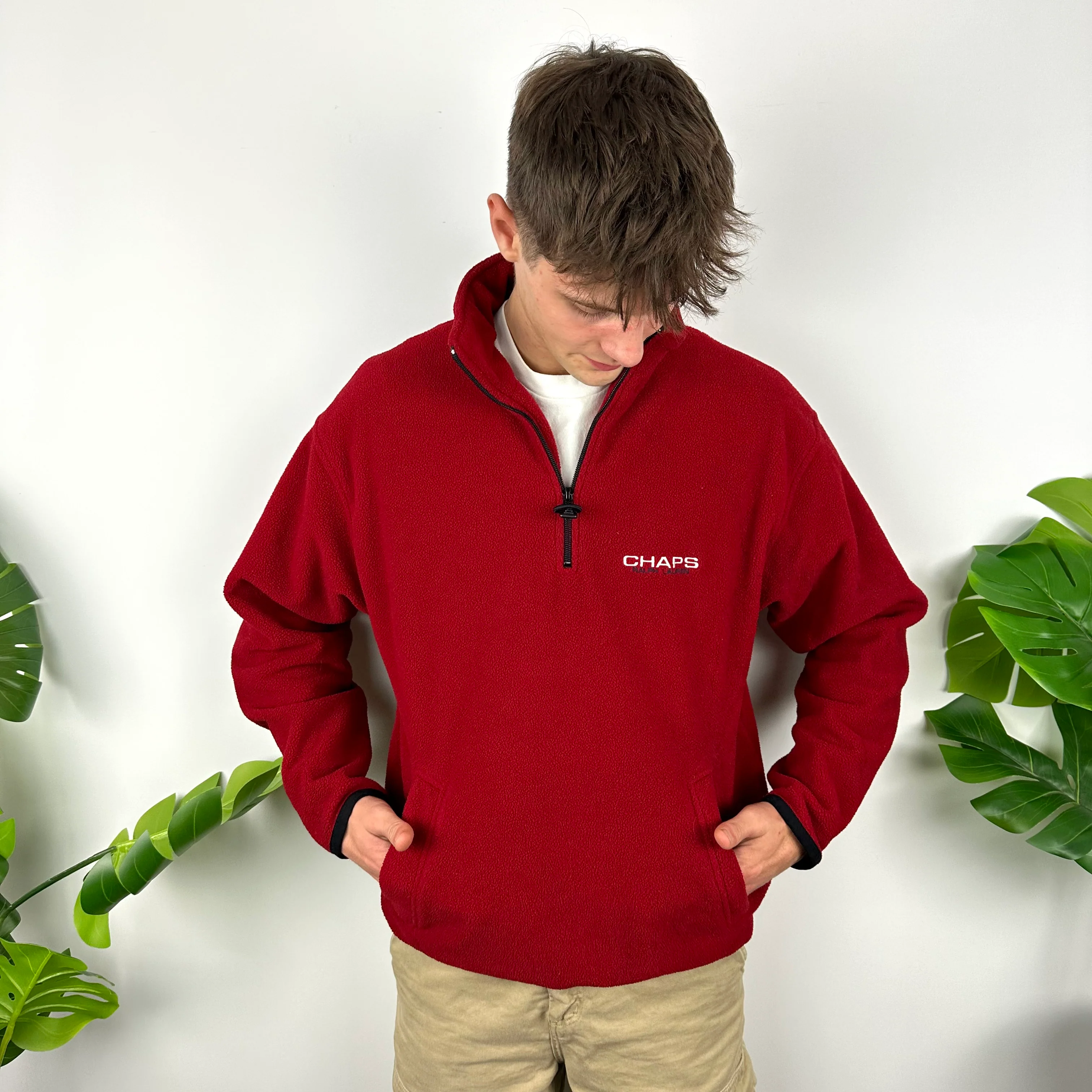 Chaps Ralph Lauren Red Embroidered Spell Out Teddy Bear Fleece Quarter Zip Sweatshirt (L) - Image 7
