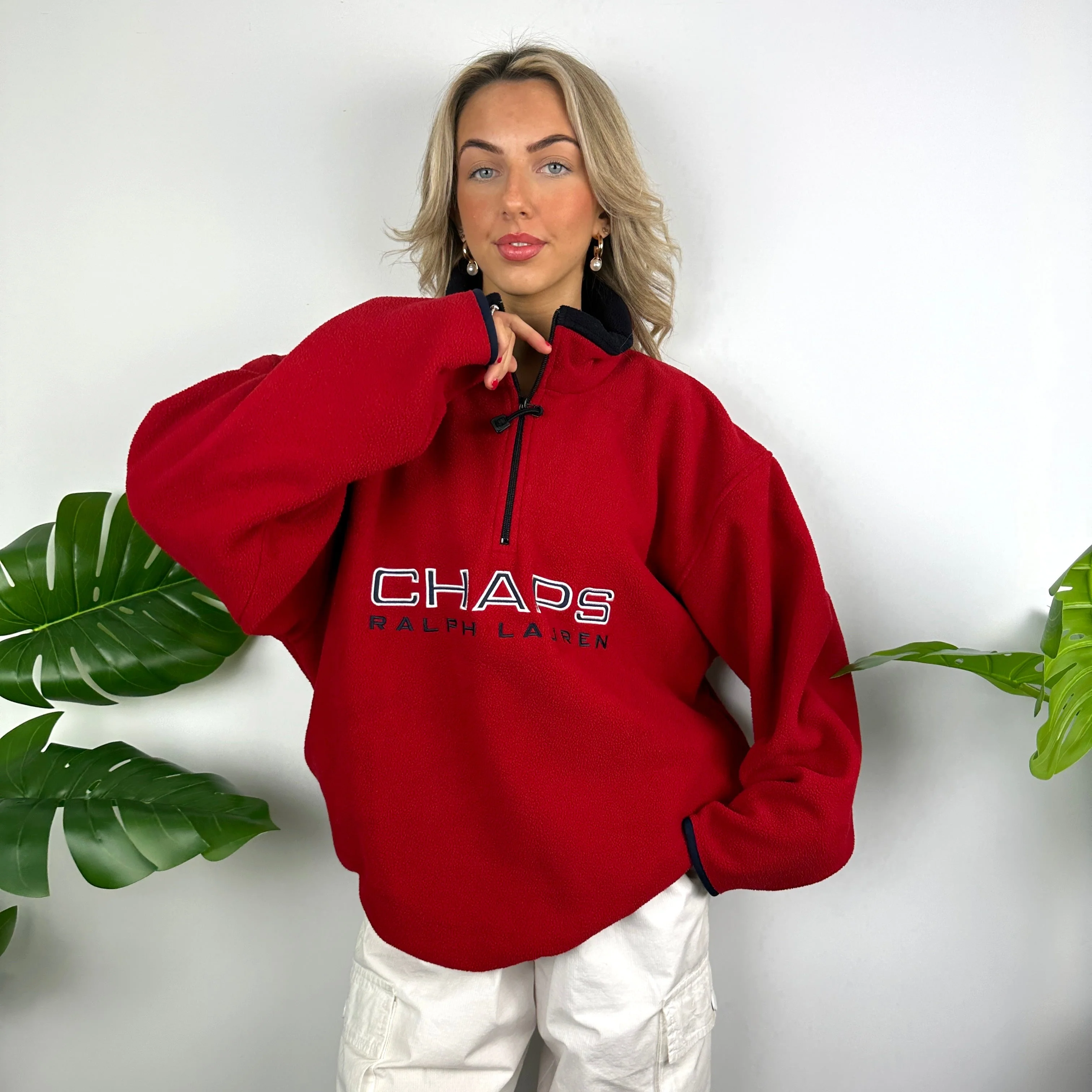 Chaps Ralph Lauren Red Embroidered Spell Out Teddy Bear Fleece Quarter Zip Sweatshirt (L) - Image 2