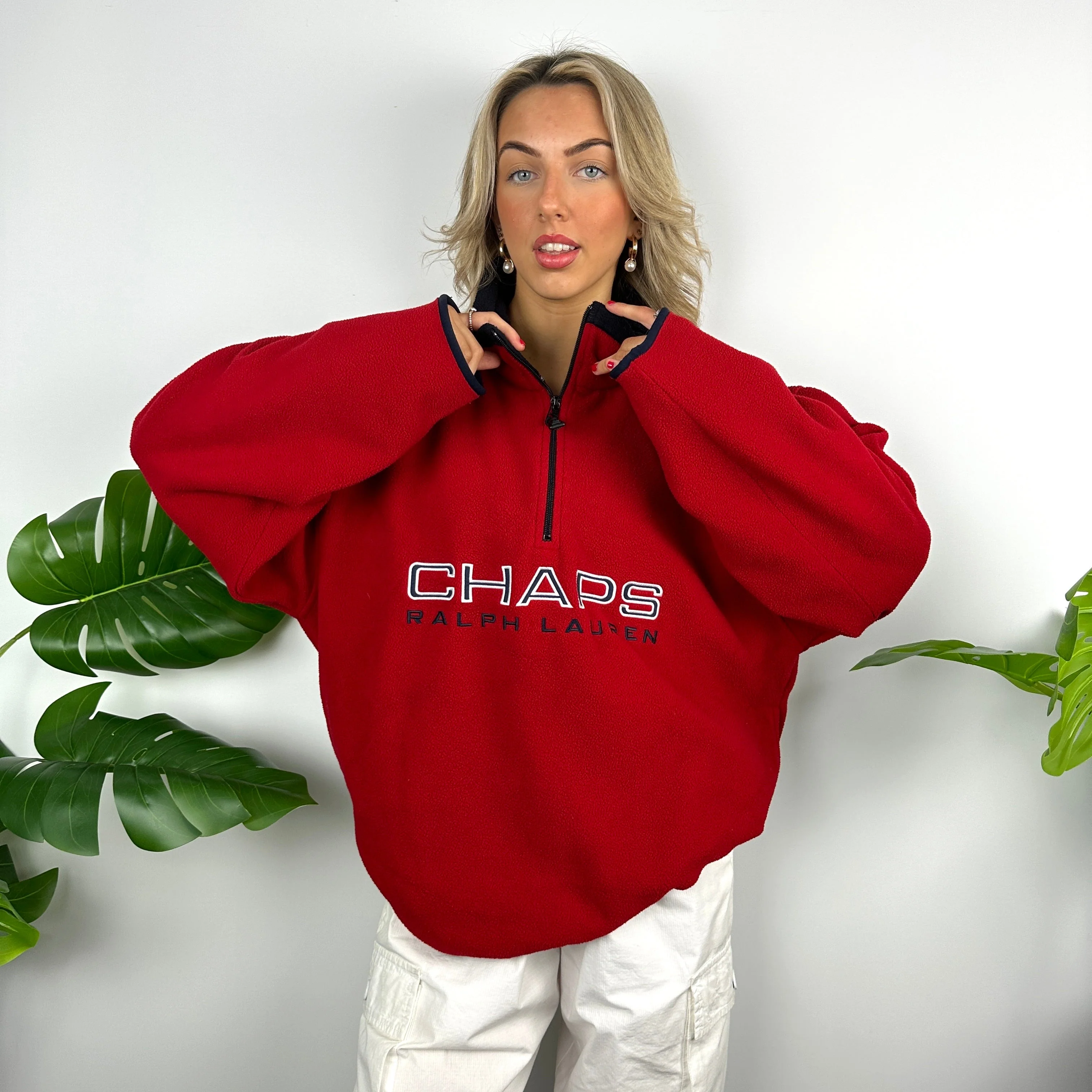 Chaps Ralph Lauren Red Embroidered Spell Out Teddy Bear Fleece Quarter Zip Sweatshirt (L) - Image 4
