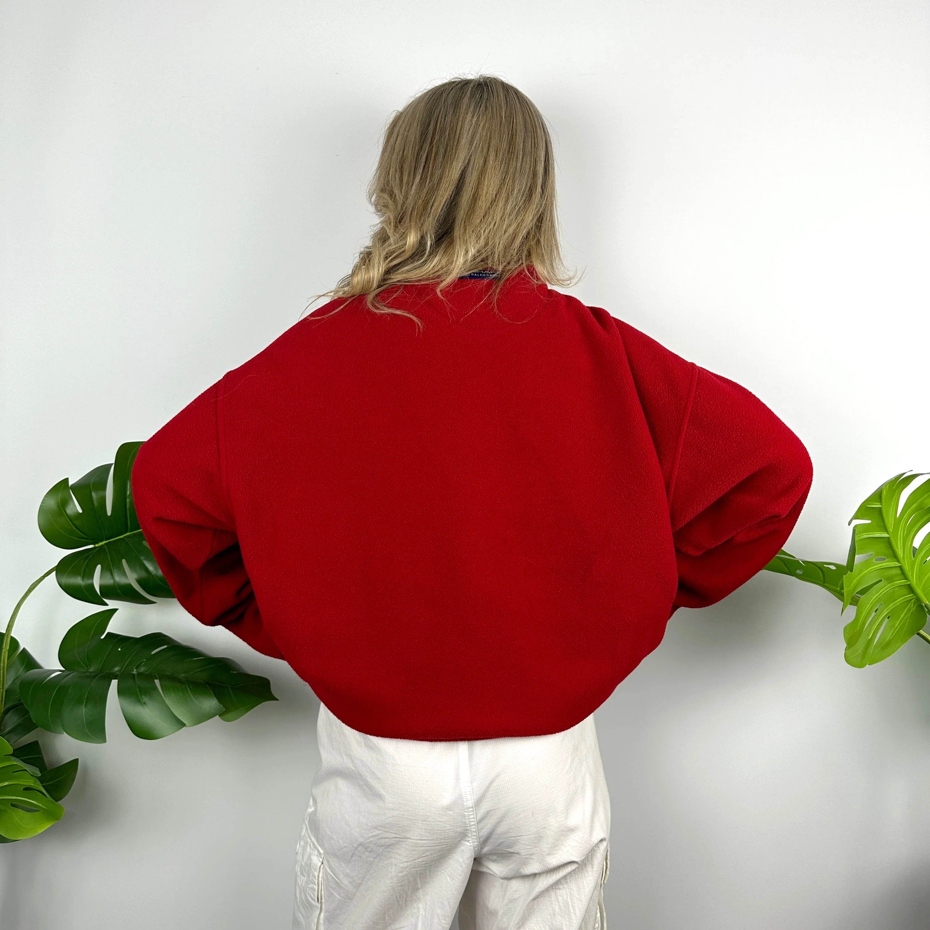 Chaps Ralph Lauren Red Embroidered Spell Out Teddy Bear Fleece Quarter Zip Sweatshirt (L) - Image 5