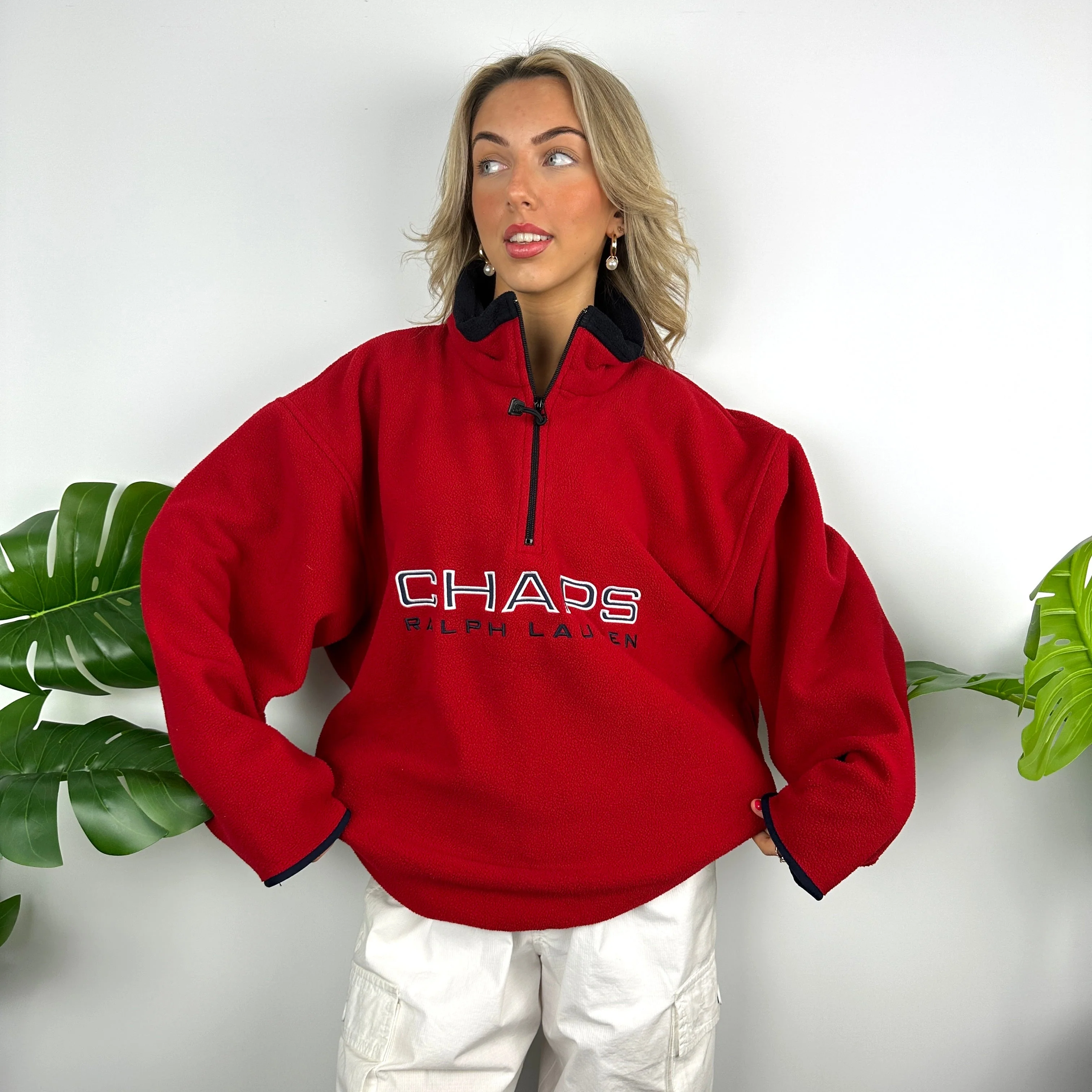 Chaps Ralph Lauren Red Embroidered Spell Out Teddy Bear Fleece Quarter Zip Sweatshirt (L) - Image 6