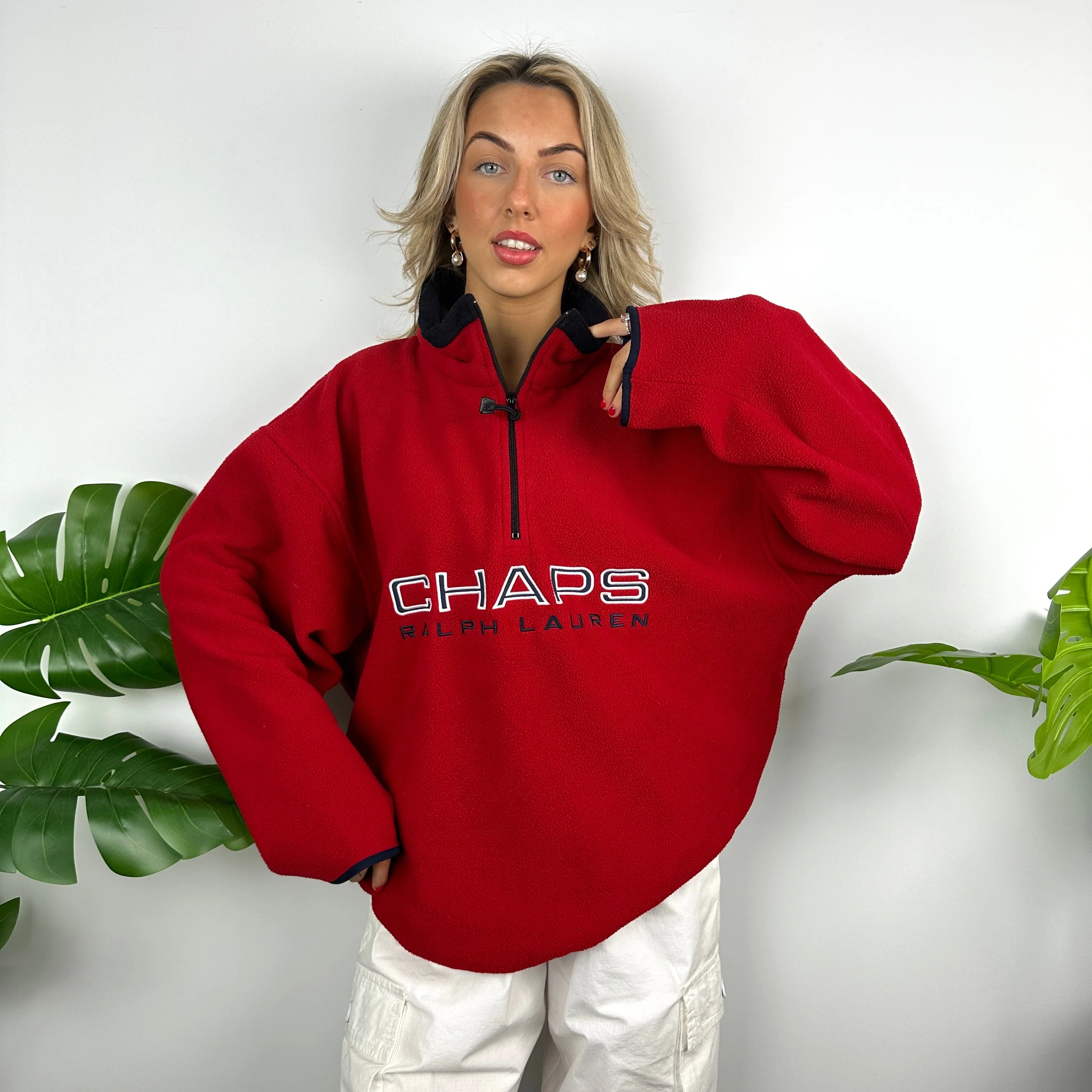 Chaps Ralph Lauren Red Embroidered Spell Out Teddy Bear Fleece Quarter Zip Sweatshirt (L) - Image 7
