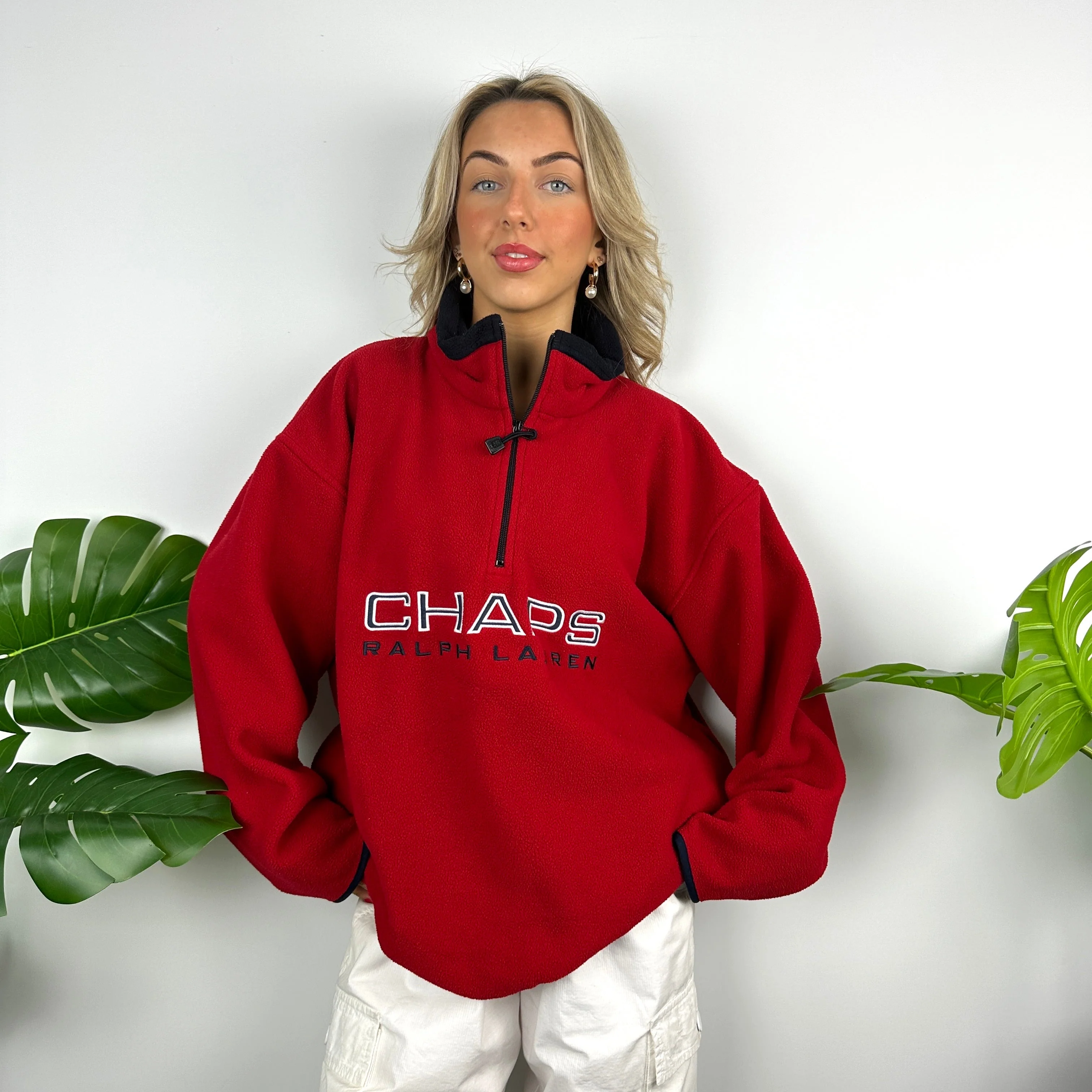 Chaps Ralph Lauren Red Embroidered Spell Out Teddy Bear Fleece Quarter Zip Sweatshirt (L) - Image 8