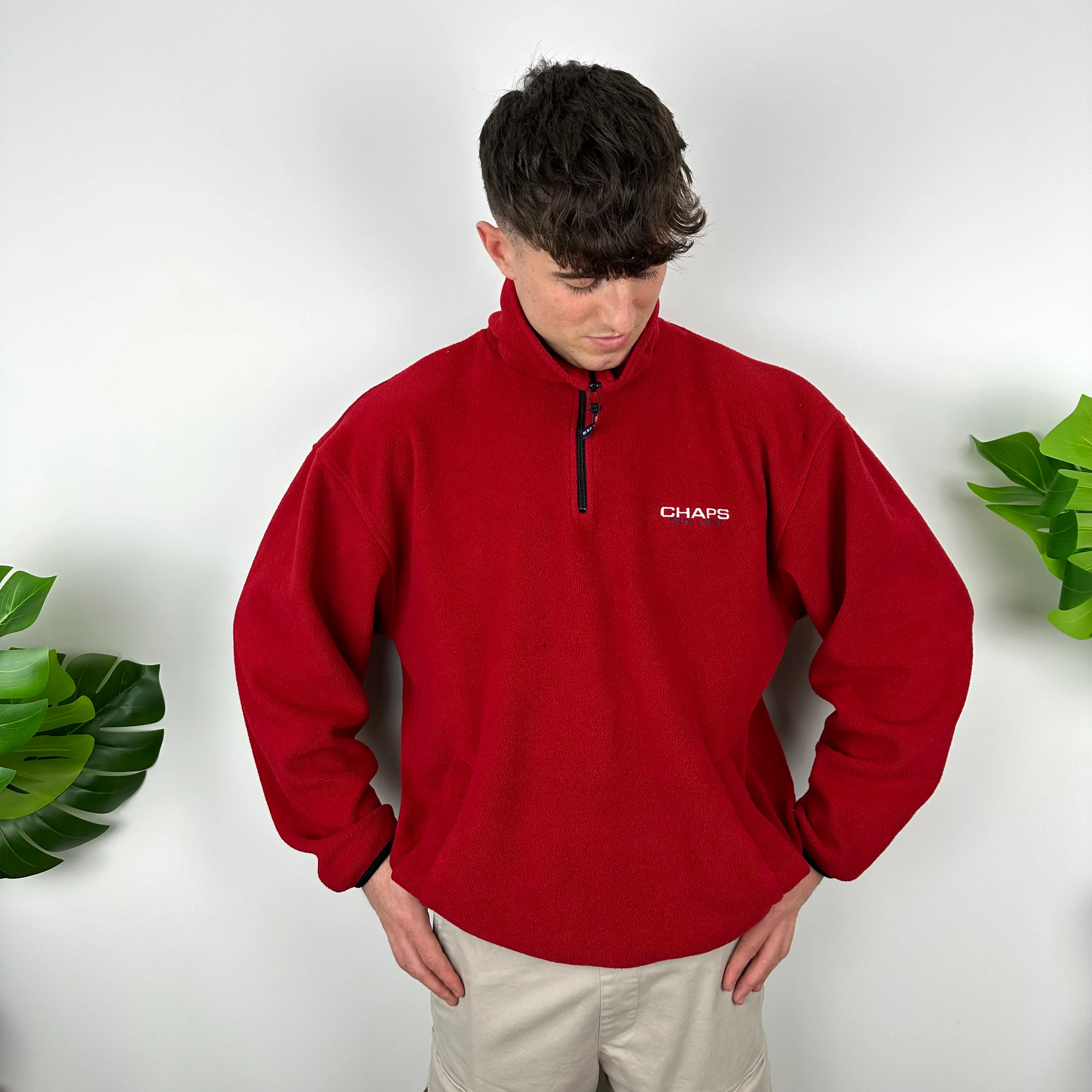 Chaps Ralph Lauren Red Embroidered Spell Out Teddy Bear Fleece Quarter Zip Sweatshirt (L) - Image 6
