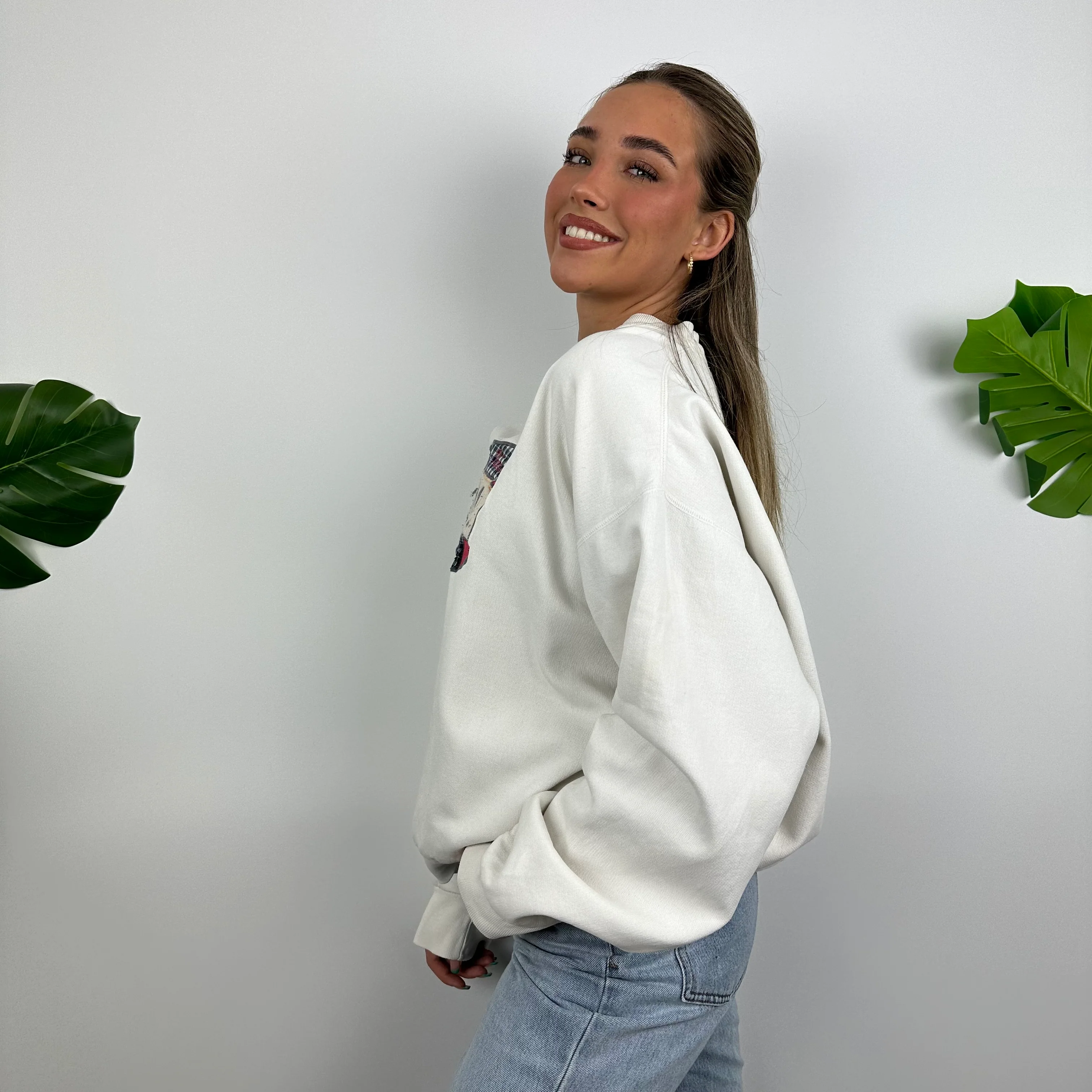 Chaps Ralph Lauren White Embroidered Spell Out Sweatshirt (M) - Image 4