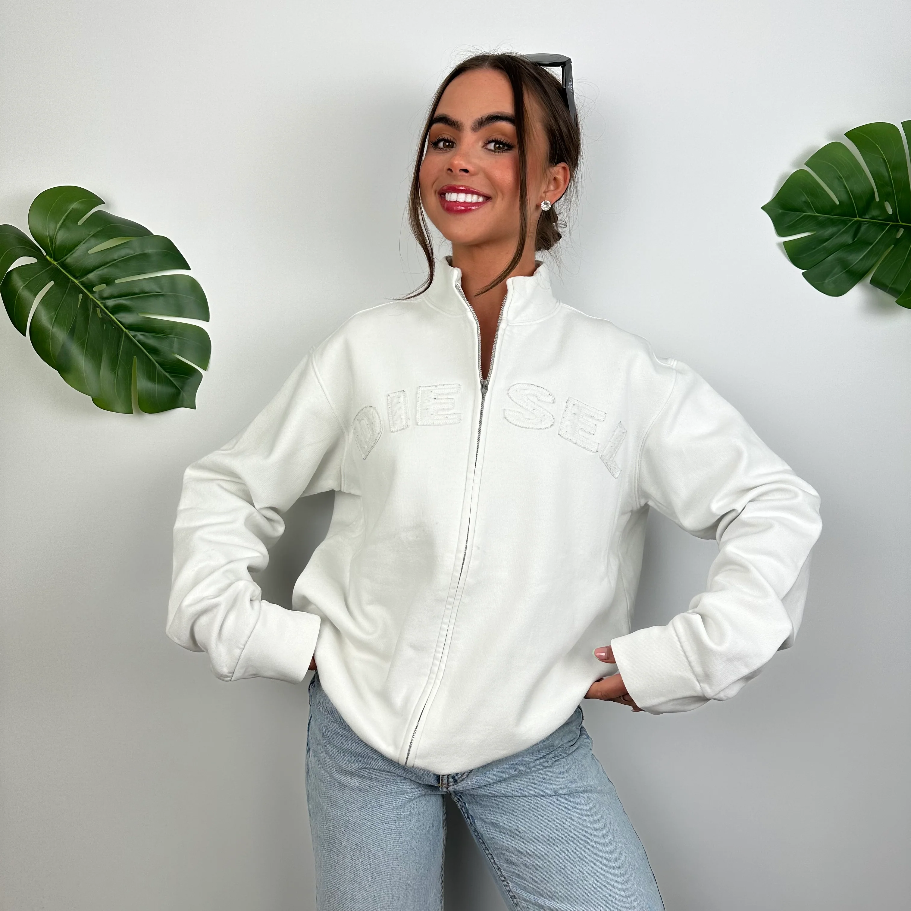 Diesel White Embroidered Spell Out Zip Up Jacket (M) - Image 2
