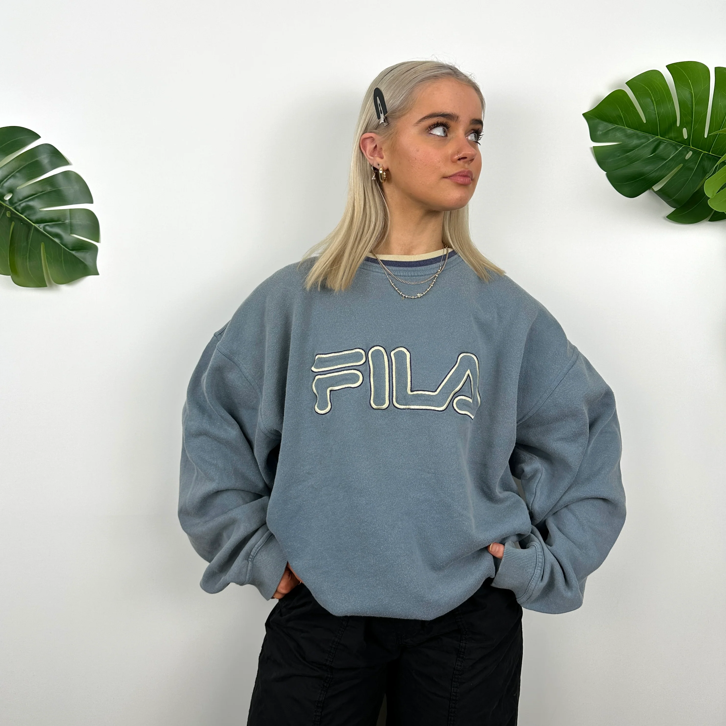 FILA Baby Blue Embroidered Spell Out Sweatshirt (XXL) - Image 4