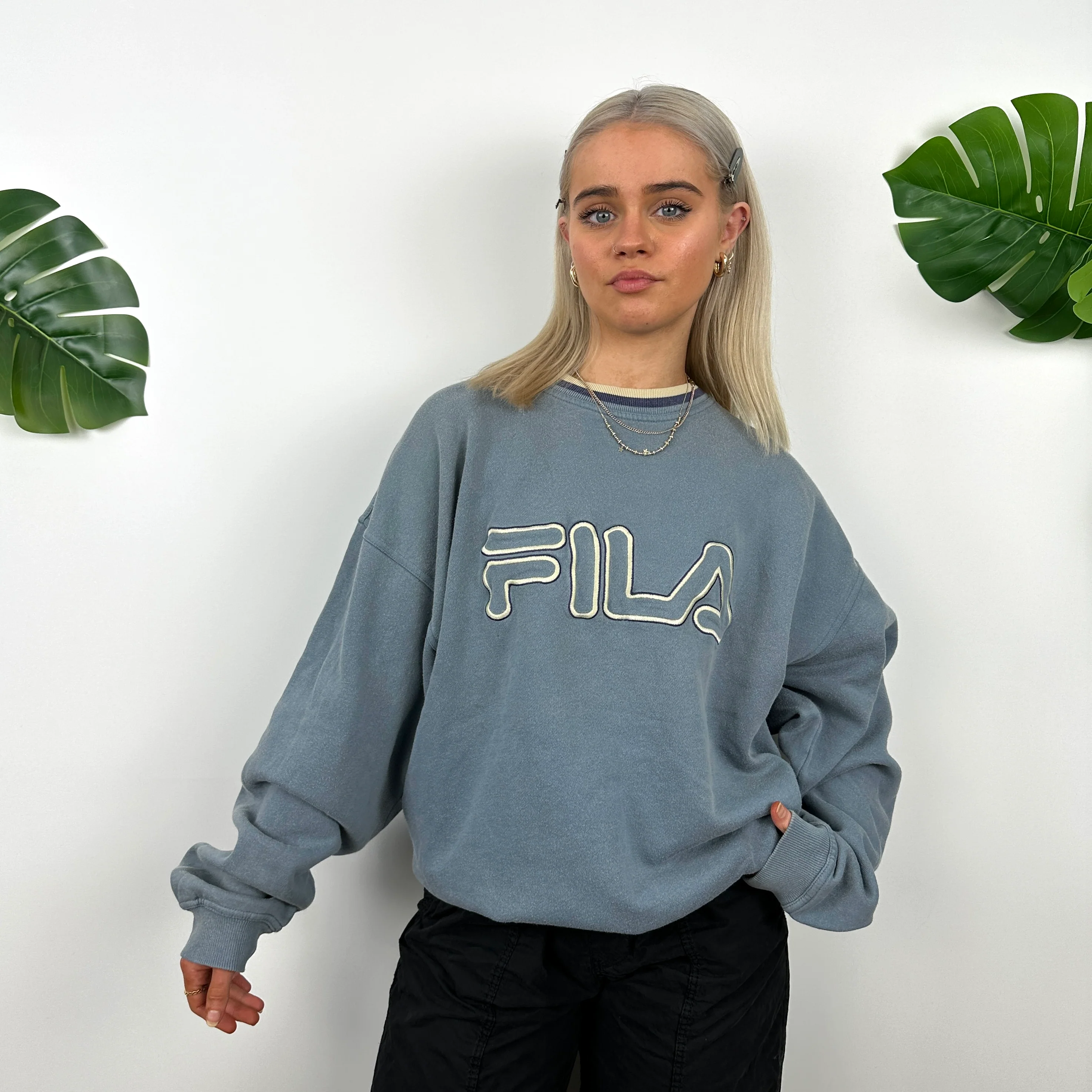FILA Baby Blue Embroidered Spell Out Sweatshirt (XXL) - Image 5