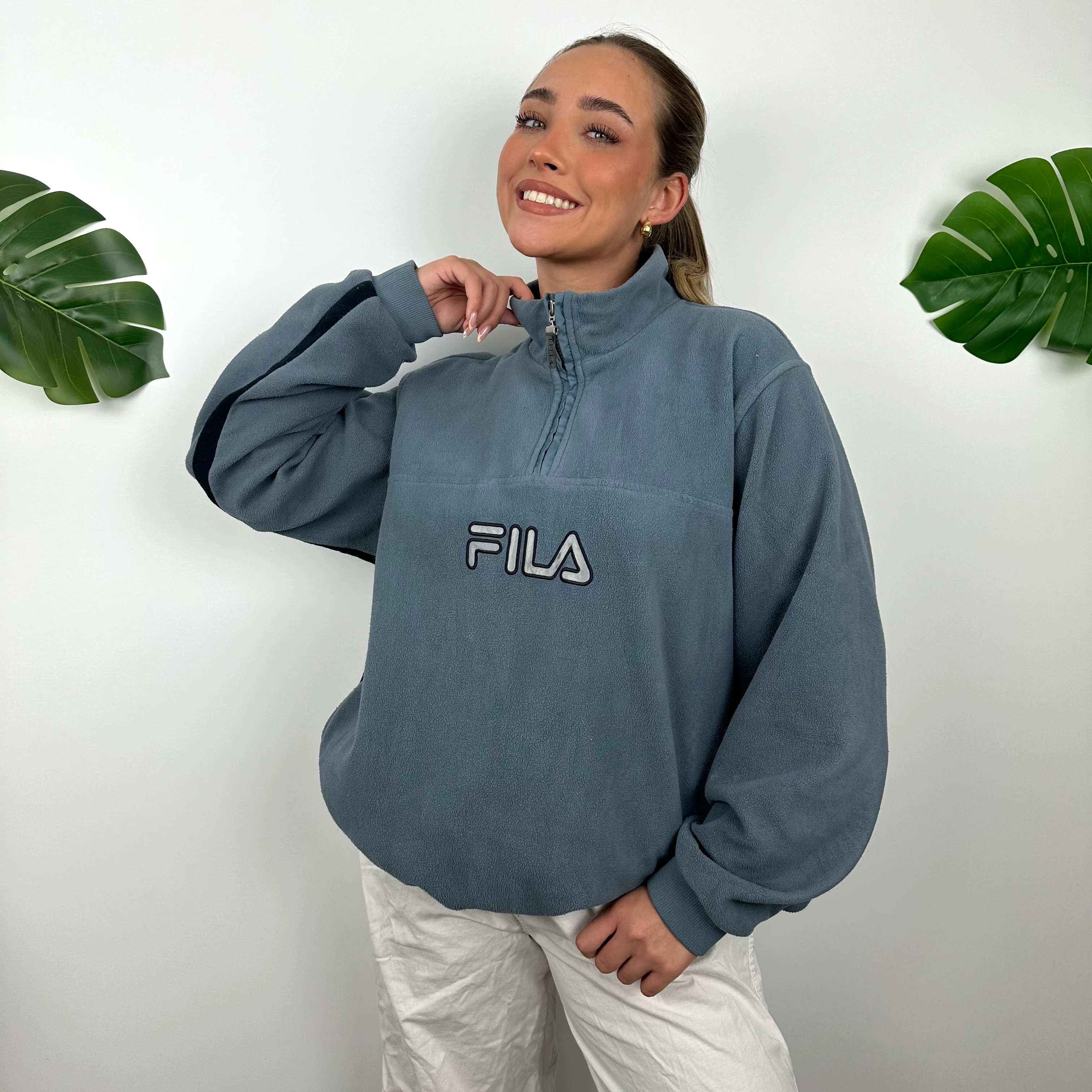 FILA Baby Blue Embroidered Spell Out Teddy Bear Fleece Quarter Zip Sweatshirt (M) - Image 3