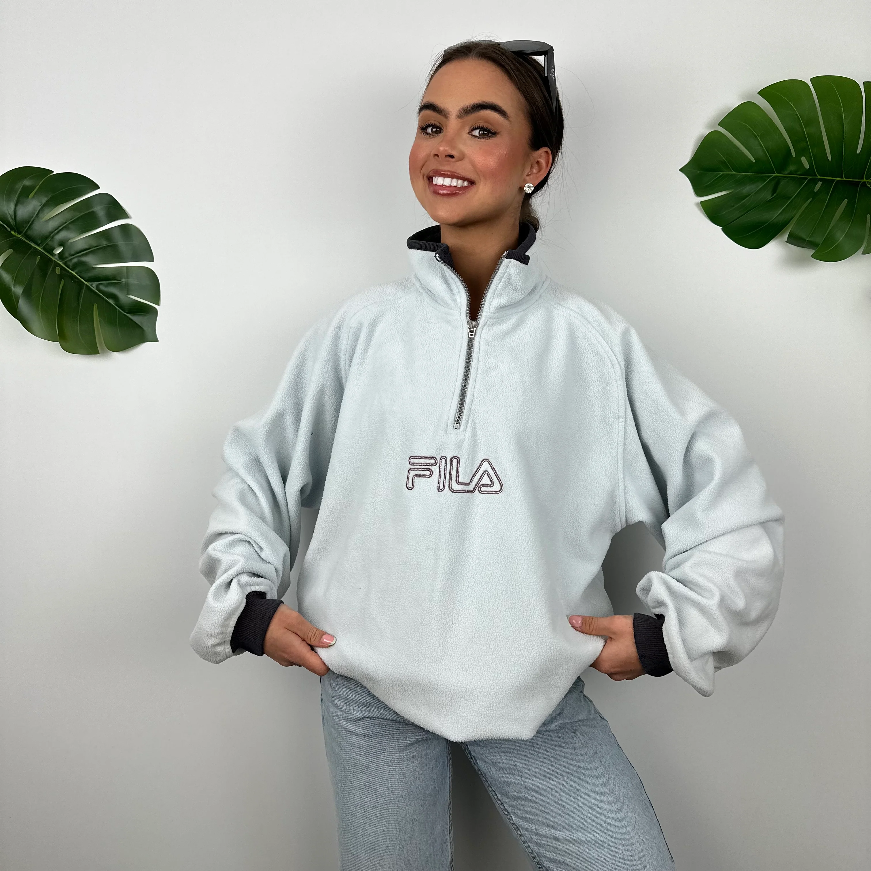 FILA Baby Blue Embroidered Spell Out Teddy Bear Fleece Quarter Zip Sweatshirt (M) - Image 3