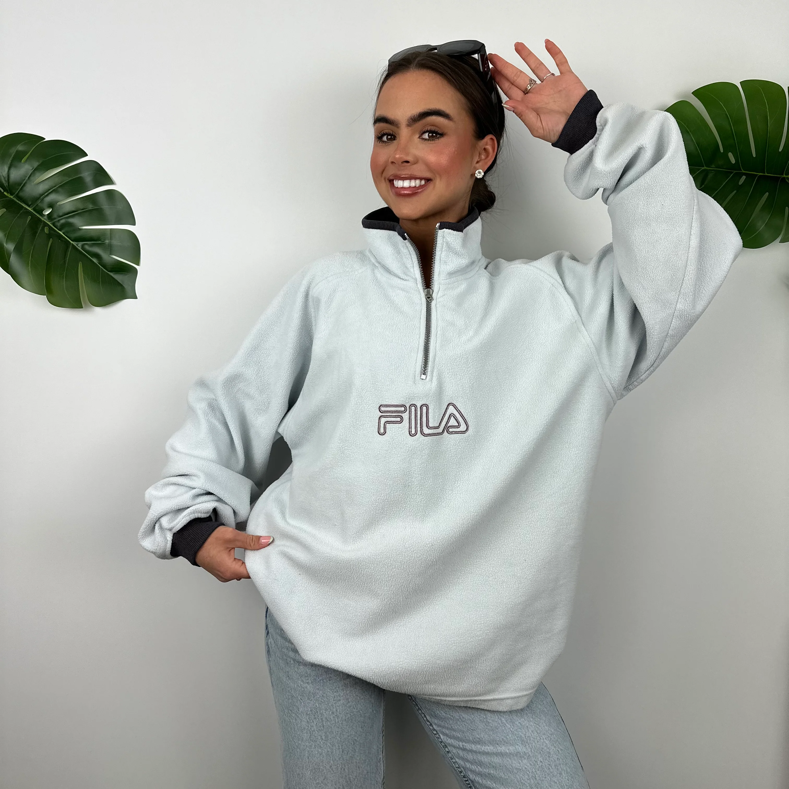FILA Baby Blue Embroidered Spell Out Teddy Bear Fleece Quarter Zip Sweatshirt (M) - Image 4