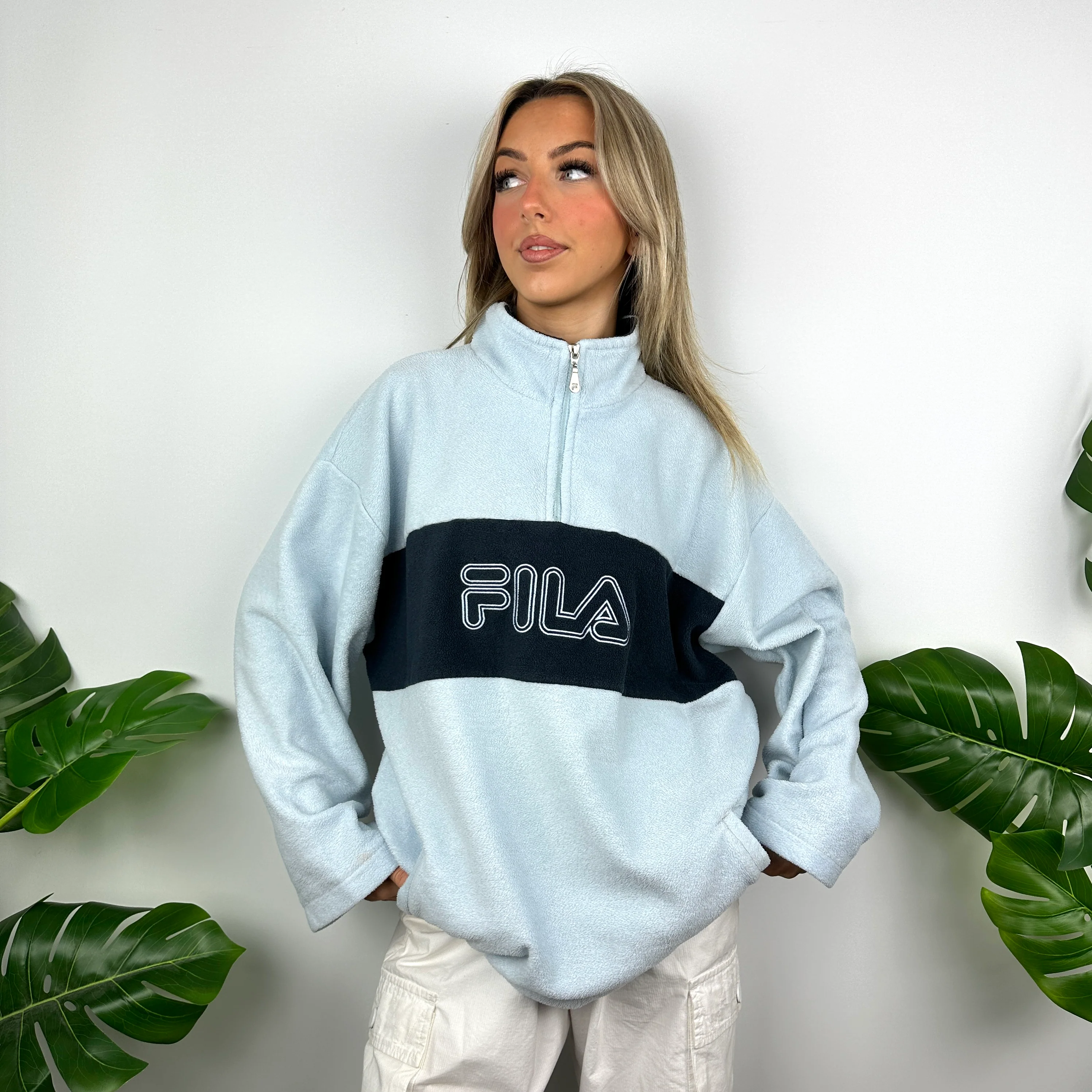 FILA Baby Blue Embroidered Spell Out Teddy Bear Fleece Quarter Zip Sweatshirt (XL) - Image 5