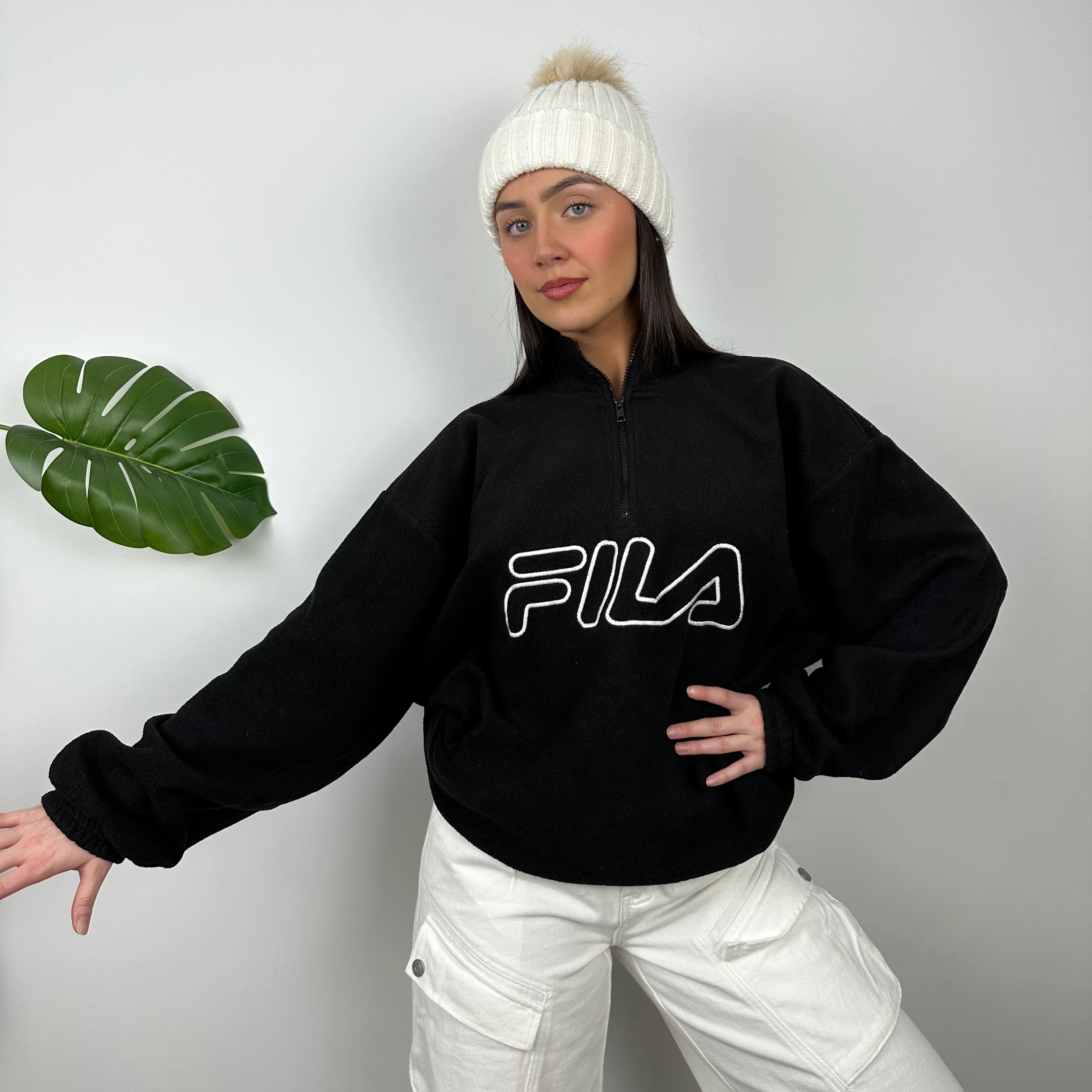 FILA Black Embroidered Spell Out Teddy Bear Fleece Quarter Zip Sweatshirt (L) - Image 2