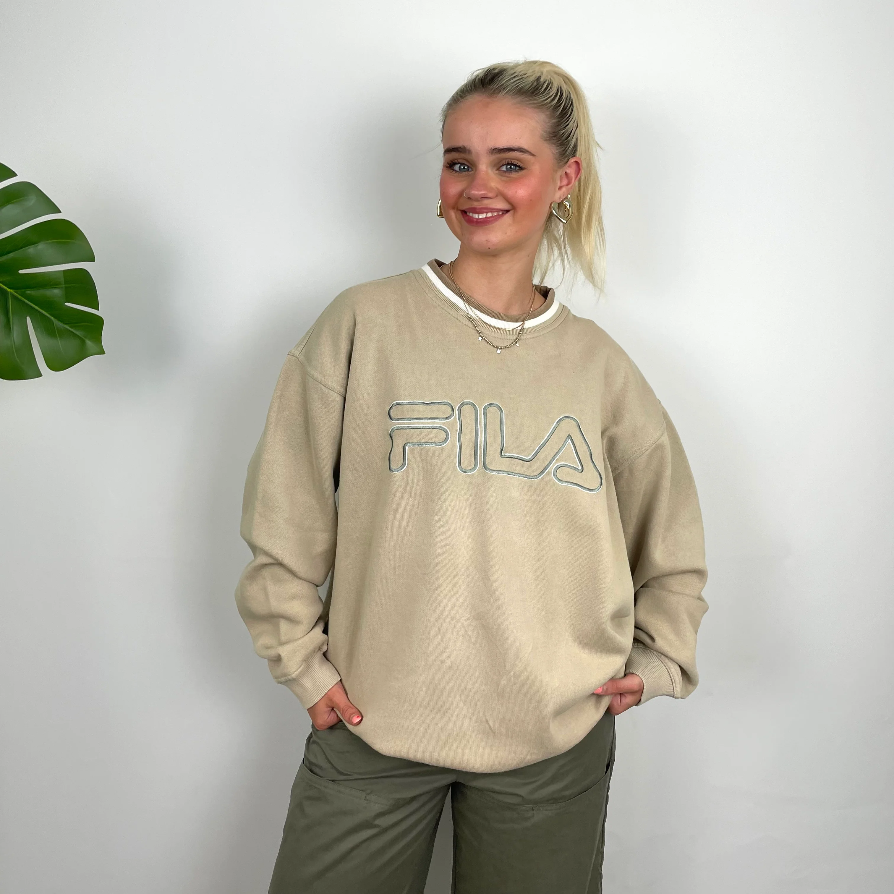 FILA Cream Embroidered Spell Out Sweatshirt (L) - Image 2
