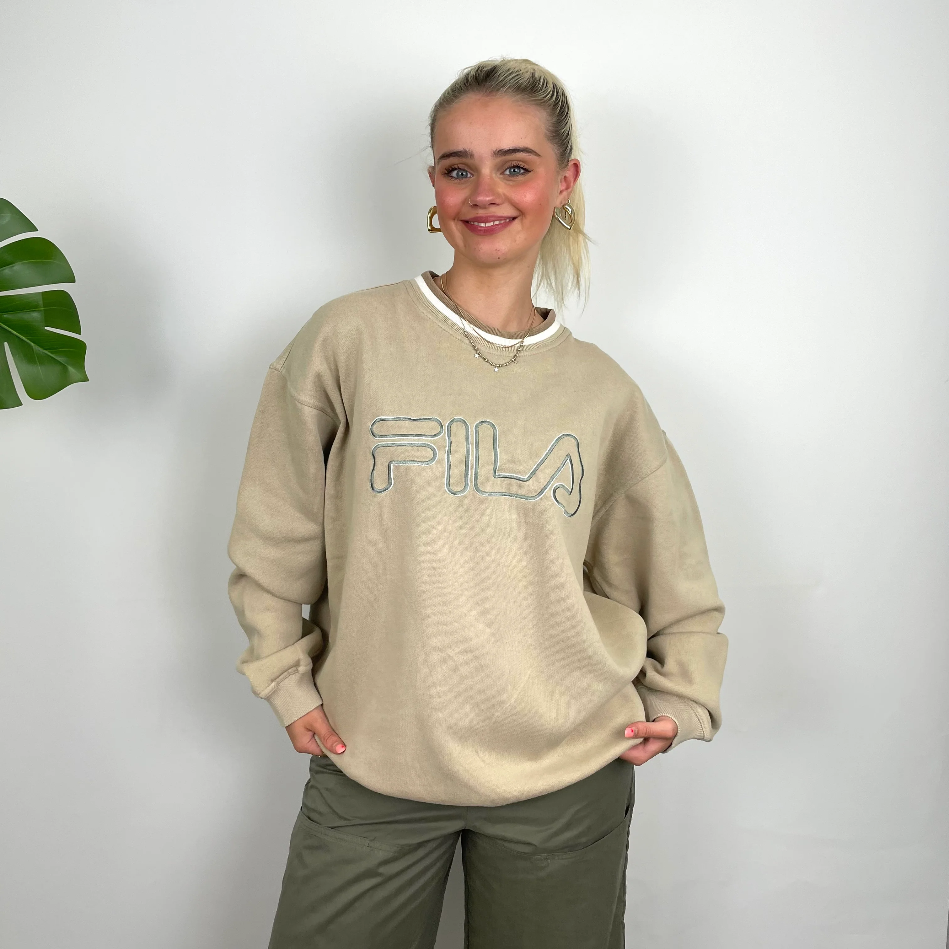 FILA Cream Embroidered Spell Out Sweatshirt (L) - Image 5