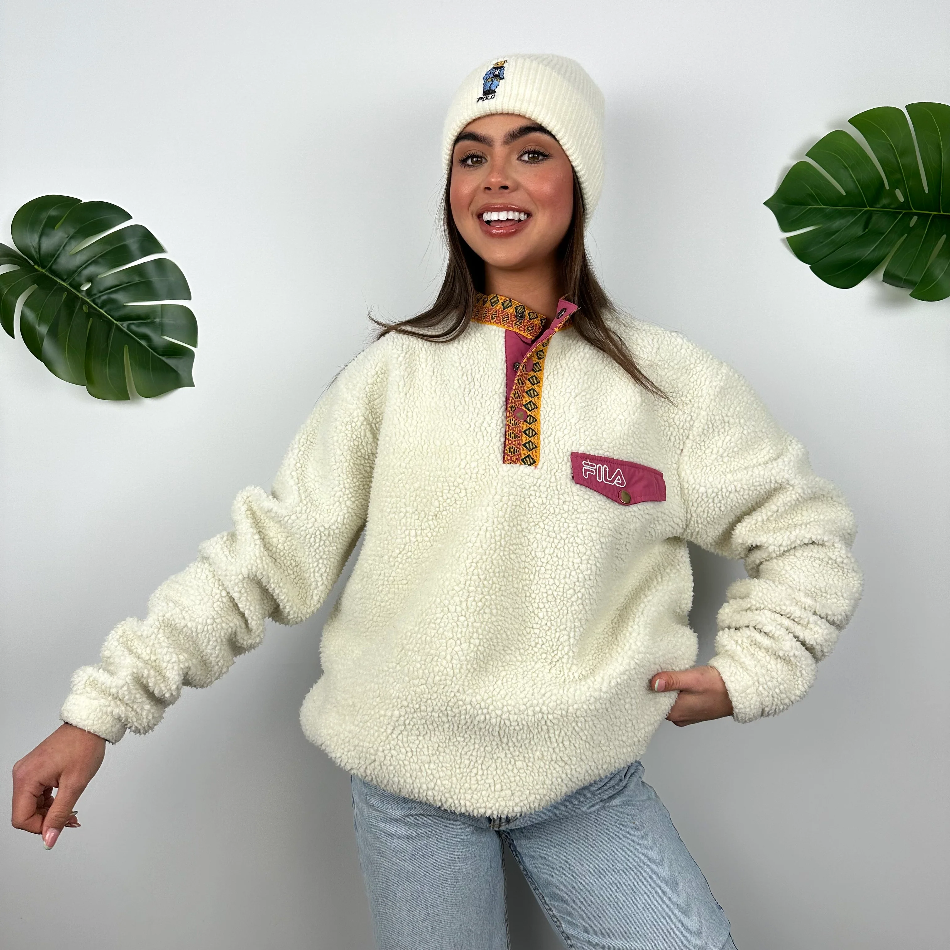 FILA Cream Embroidered Spell Out Teddy Bear Fleece Button Sweatshirt (S) - Image 3