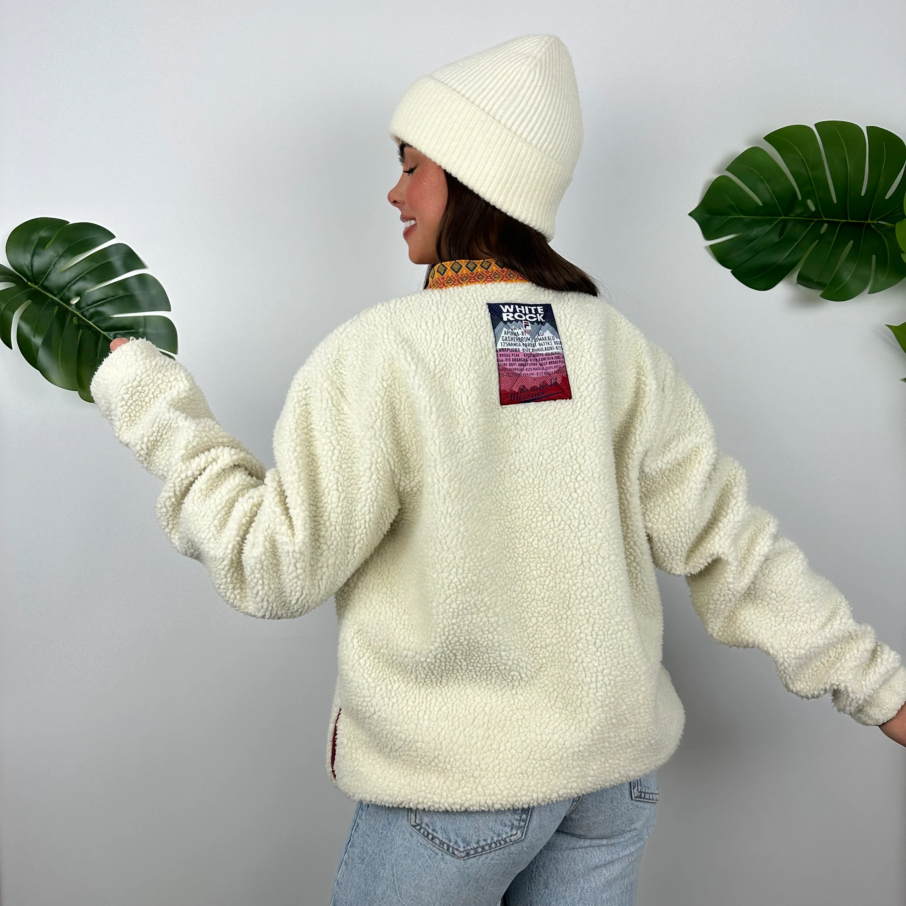 FILA Cream Embroidered Spell Out Teddy Bear Fleece Button Sweatshirt (S) - Image 4
