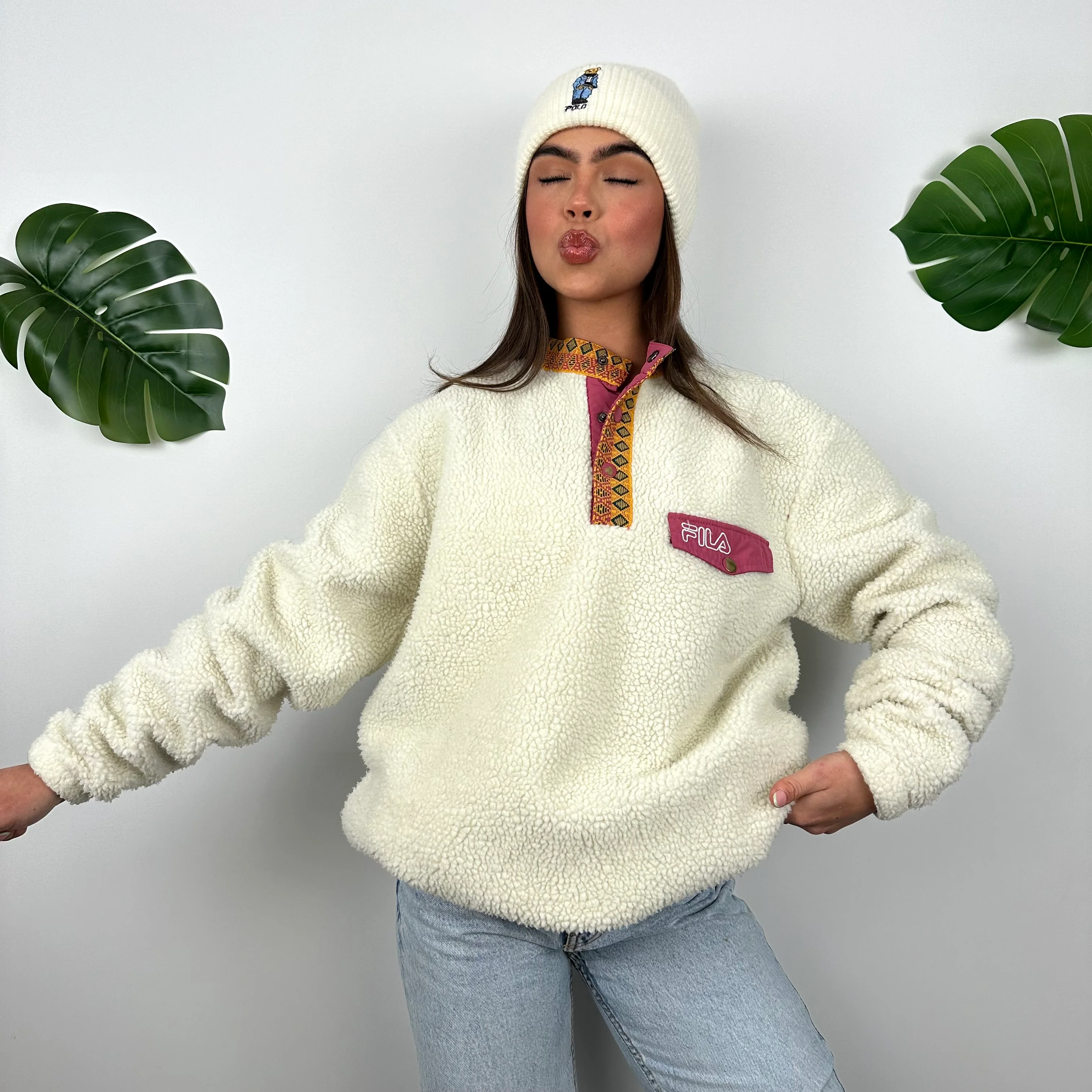 FILA Cream Embroidered Spell Out Teddy Bear Fleece Button Sweatshirt (S) - Image 7