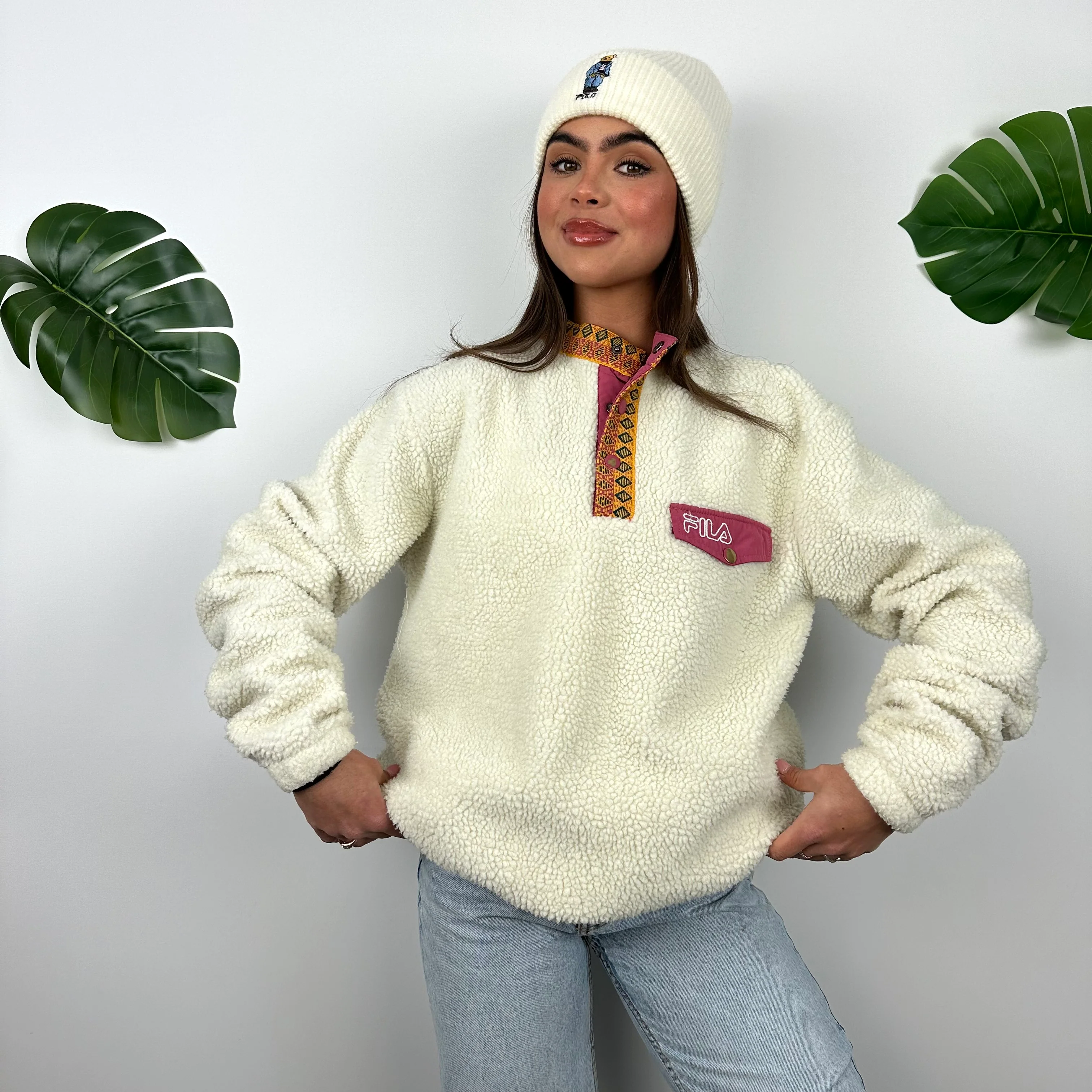 FILA Cream Embroidered Spell Out Teddy Bear Fleece Button Sweatshirt (S) - Image 9