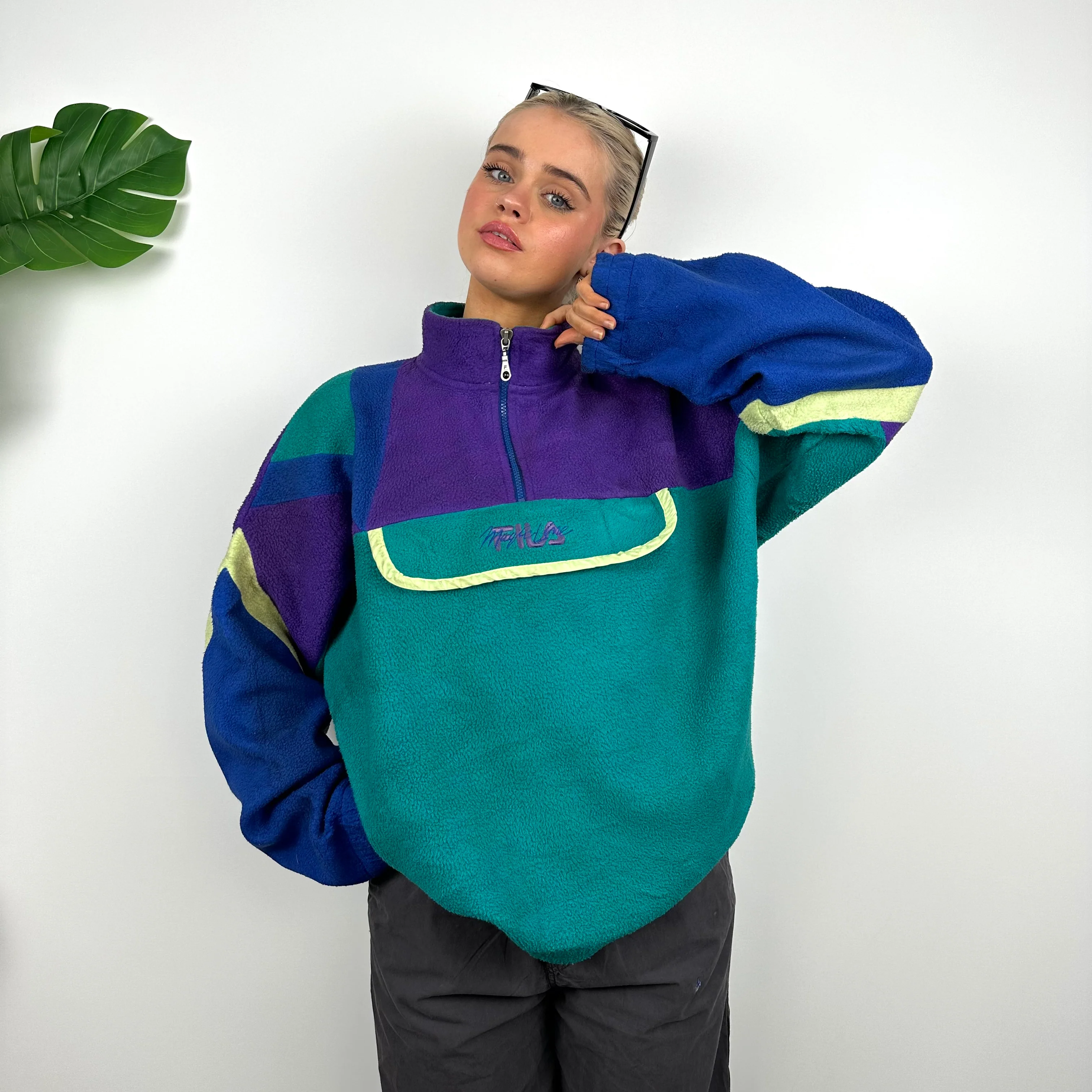 FILA Magic Line Embroidered Spell Out Teddy Bear Fleece Quarter Zip Sweatshirt (L) - Image 4