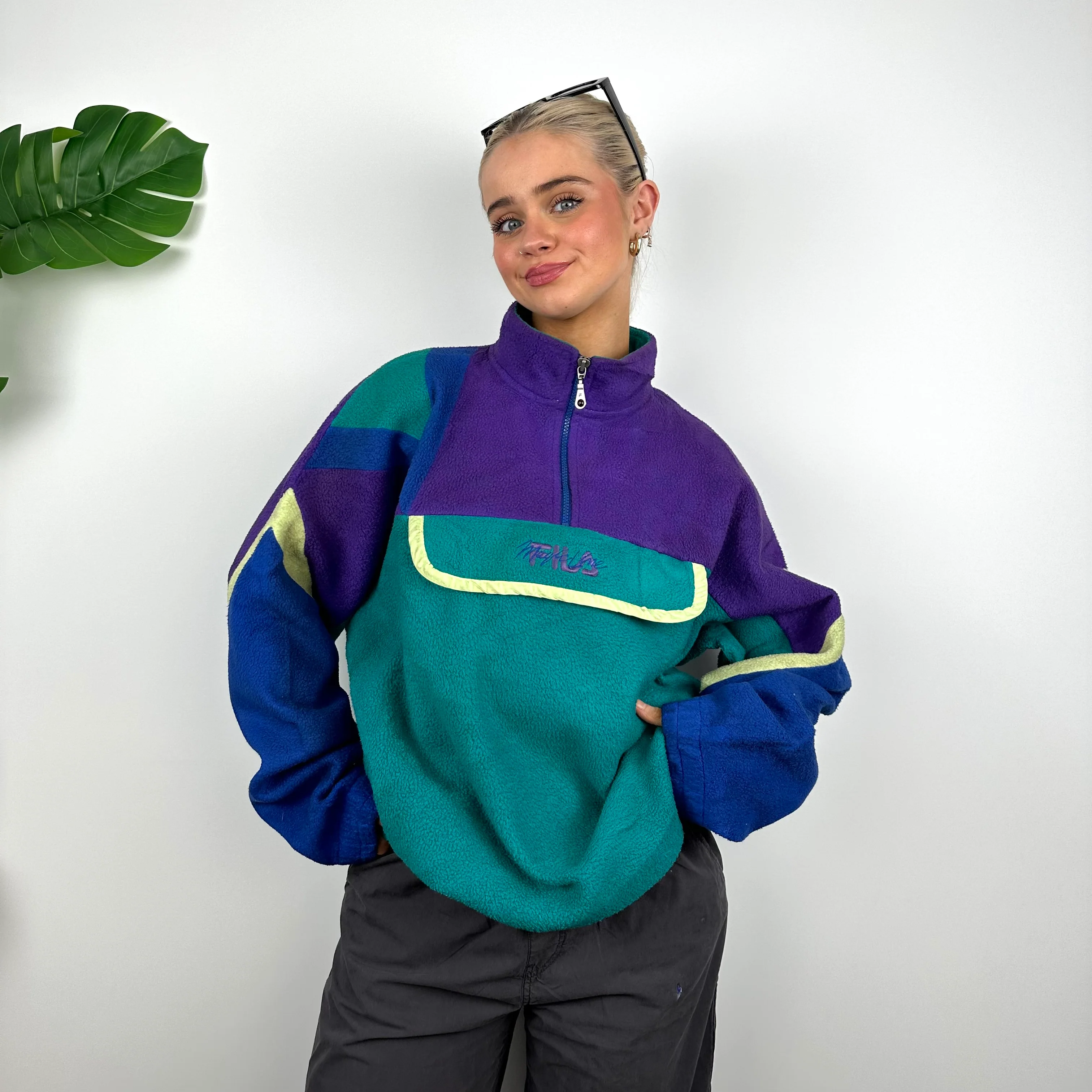 FILA Magic Line Embroidered Spell Out Teddy Bear Fleece Quarter Zip Sweatshirt (L) - Image 5
